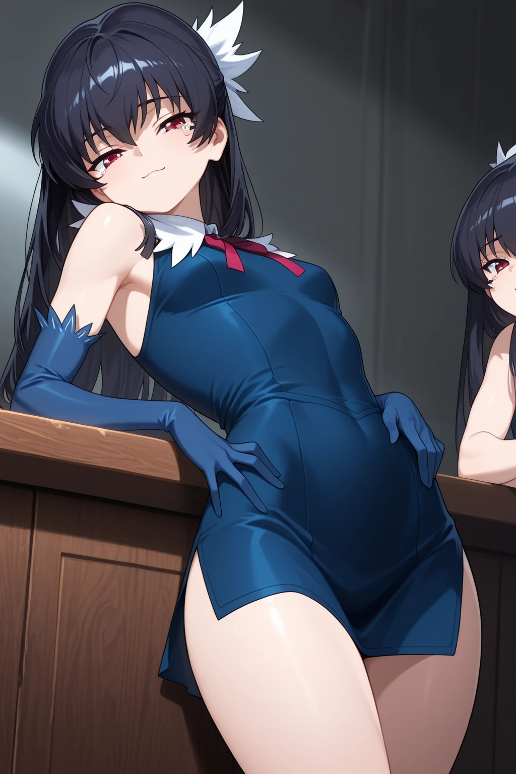 score_9, score_8_up, score_7_up, source anime, prefect lighting, very aesthetic, BREAK,
<lora:rachel_roth_raven_v1-pdv6:0.9>, 1girl, rachel roth, purple eyes, black hair, short hair, forehead jewel,raven_\(dc\),
BREAK, looking at viewer, smile, cowboy shot,
BREAK, playboy bunny, detached collar, bare shoulders, bare arms, collarbone, leotard, latex leotard, wrist cuffs, skindentation, skin tight, covered navel, thighhighs