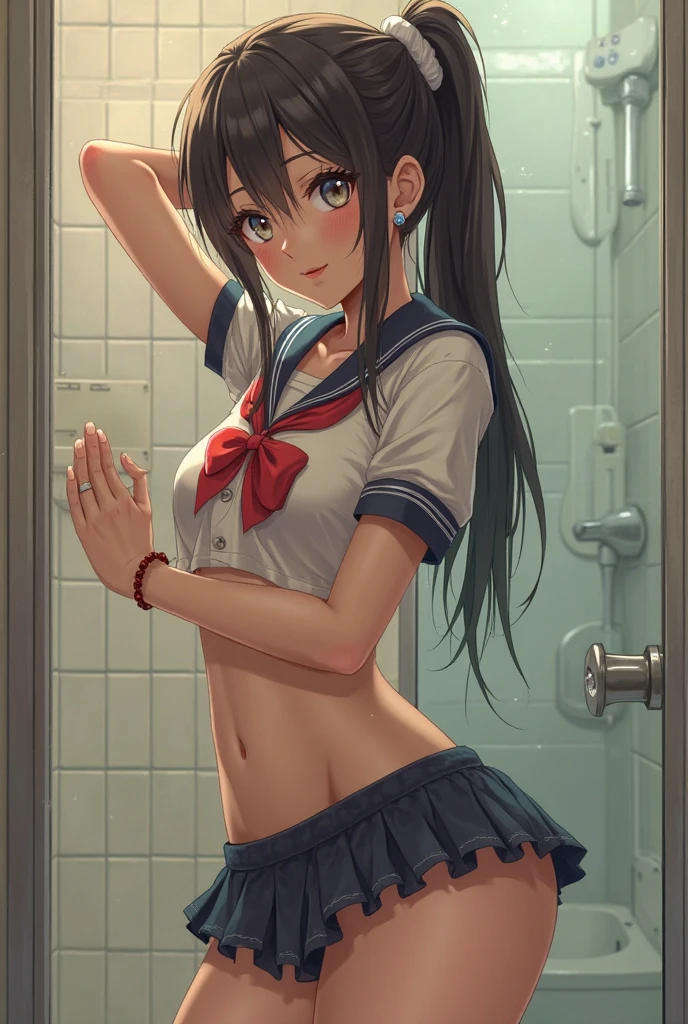Cornflower art, dreamy, (masterpiece, top quality, perfect anatomy, beautiful face, realistic, super detailed, 1 girl, 18 ears senile, solo, depth of field, canon 24mm lens, f1.4, cute_girl, sailor_ collar, clear facial features, short sleeves, small breasts, slender height, height 150cm, barefoot, double ponytail, bangs, gravure pose, indoor, slouch, Chest gap jungle, blurred background, (Uwabaki: 1.1576)) whole body, clear liquid dripping from the crotch, the front of the shirt is exposed, breasts are visible, transparent bra, light blue striped buns, erotic, , NSFW movie, strange, beautiful pee, holy water, (urination),