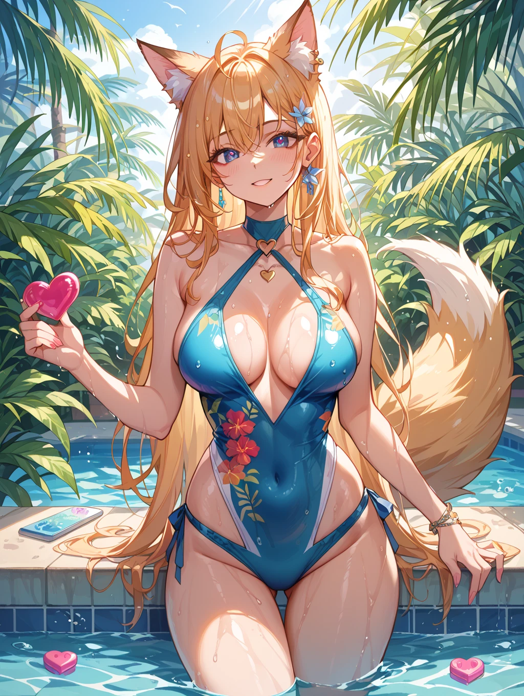 Absolutely beautiful fox charmer, perfect slim body, mature, yellow hair, large curly hair, bikini swimsuit, sexy and seductive, beautiful face, full body portrait, standing pose, 4K picture quality, big body, feminine expression, blush shyness, outrageously large bust, deep eyes, seaside bath, plump big, huge breasts