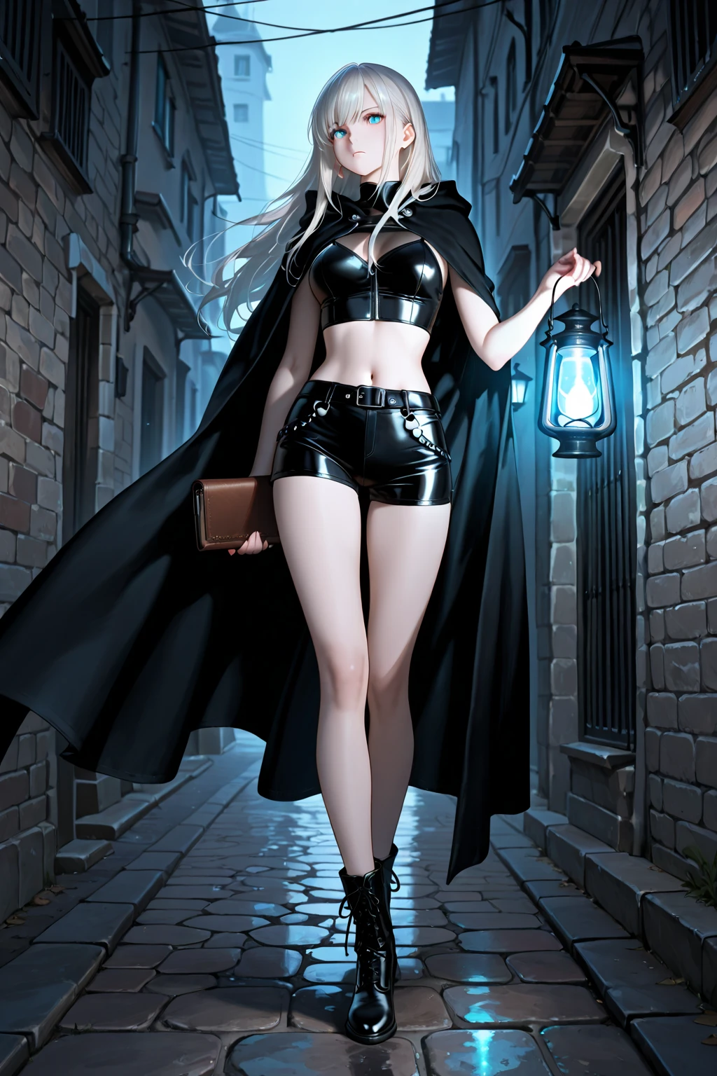 Busty women,Blunt bangs,Thighs,blonde,Voluminous long hair that reaches down to the waist,Wavy long hair,big black witch hat,With a plunging neckline crop top,Black leather hot pants,Slim figure,Black long boots,A cape with a collar flutters in the wind,The abdomen has exposed skin,Night cityscape,Big full moon,Silver chain on waist,Large Gemstone Rings,A black cat stands beside her, threatening the camera.,The hot pants and croc top have red trim.,The cloak is lined in orange,