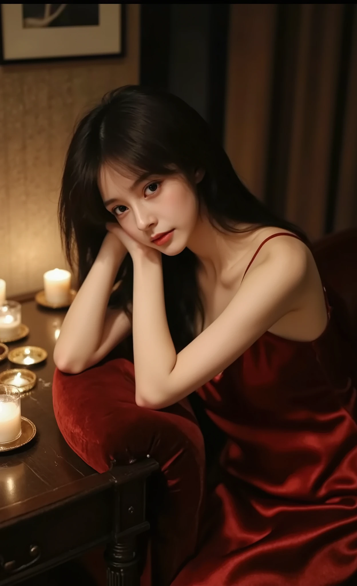 A woman in a deep red silk slip dress leans on one elbow atop a velvet armrest, her body slightly turned away but head turned back to glance over her shoulder. Candles on the table beside her cast warm glows across her skin.
Low angle 3/4 view, moody lighting, light flicker effect, shadows dancing across the folds of her dress.
— Semi-realistic anime style, sensual lighting, high-contrast softness