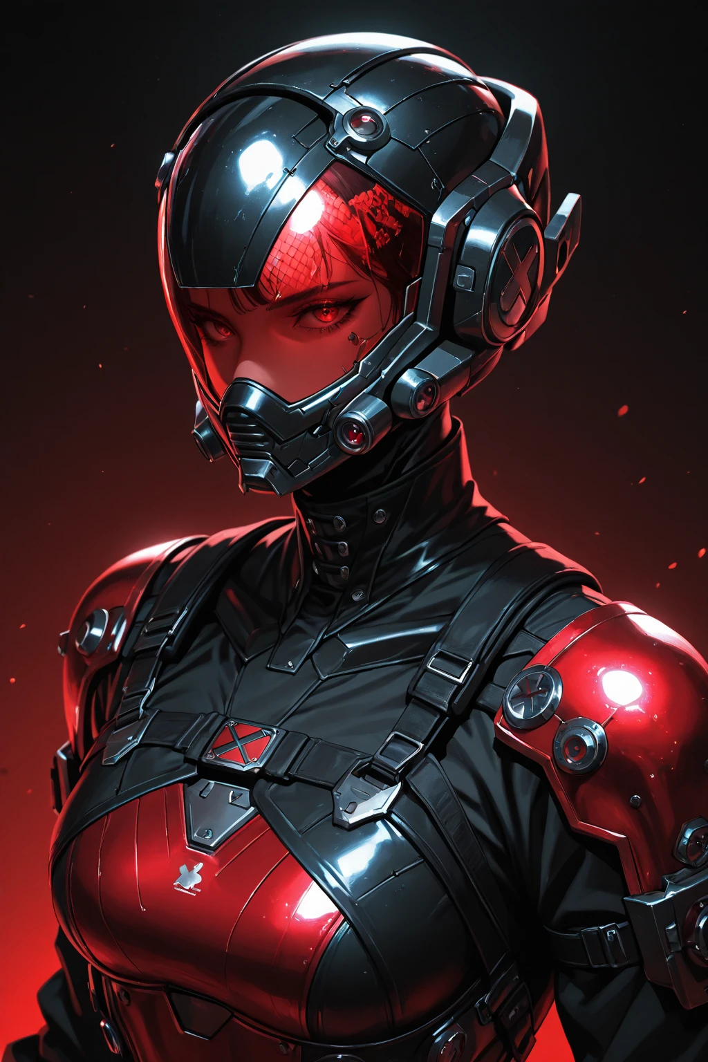 one-girl，Short hair in braids，With a black mirror mask，Highly rounded mask，，The mask is smooth，Reflective，opaque，Can't see the face，The edges of the mask have some fine reflective surfaces，Presents fantastic colors，The forehead of the mask has a red five-pointed star