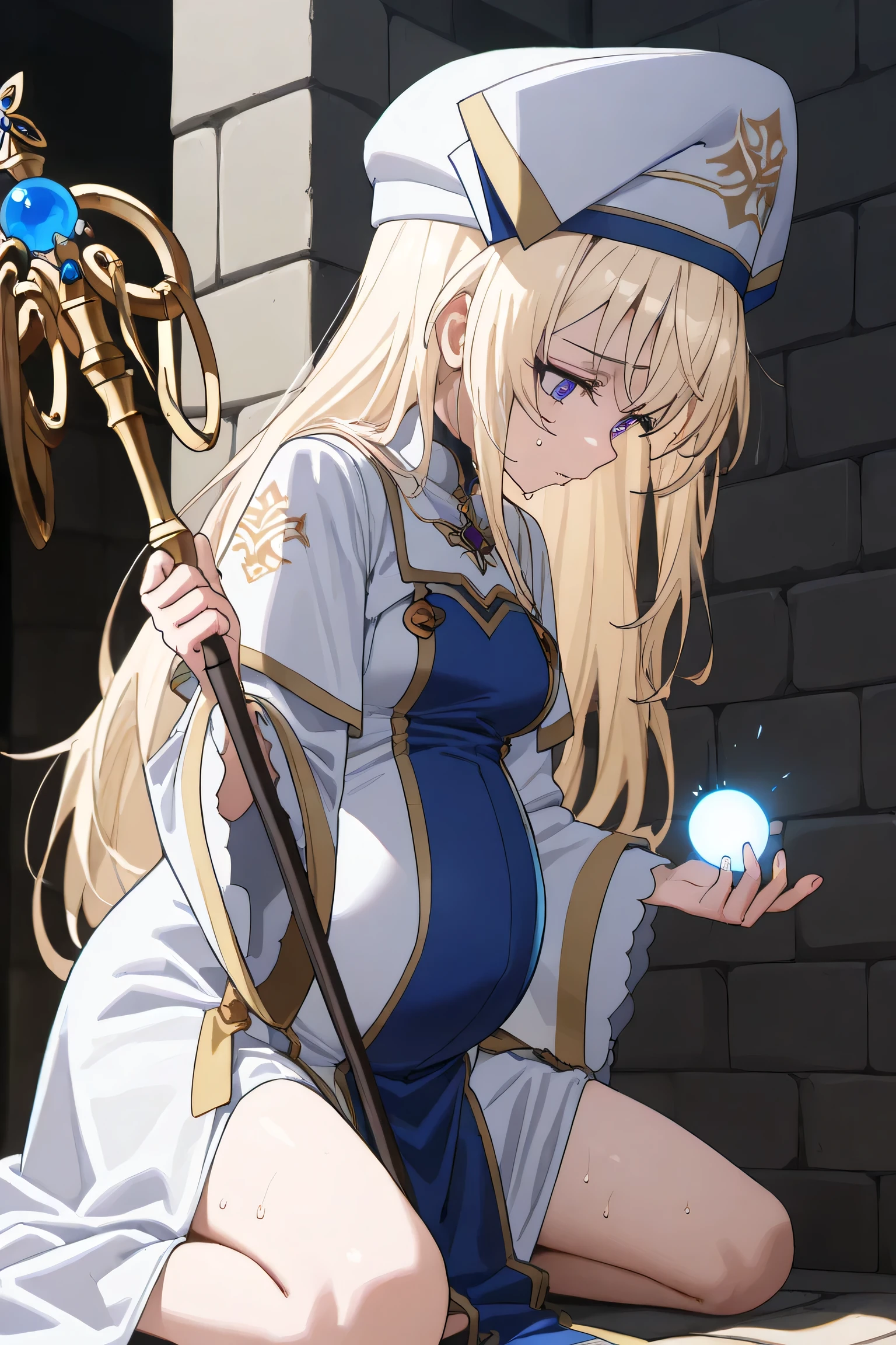 (Best quality, 4k, 8k, high resolution, masterpiece:1.2), ultra detailed, intricate details, beautiful girl, SOLO, alone, long white hair, bangs, red colored eyes, small-medium breasts, perfect smooth skin, head tilted, (Pregnant:1.1), white and blue cleric robe with gold trims and details, long white sleeves, a white cleric hat with cross symbol, holding a staff with a glowing orb, long blonde hair, blue eyes, side view, pain, at medieval town on streets, Hand on wall, lean forward, looking down, sweating, slightly spread legs, kneeling,