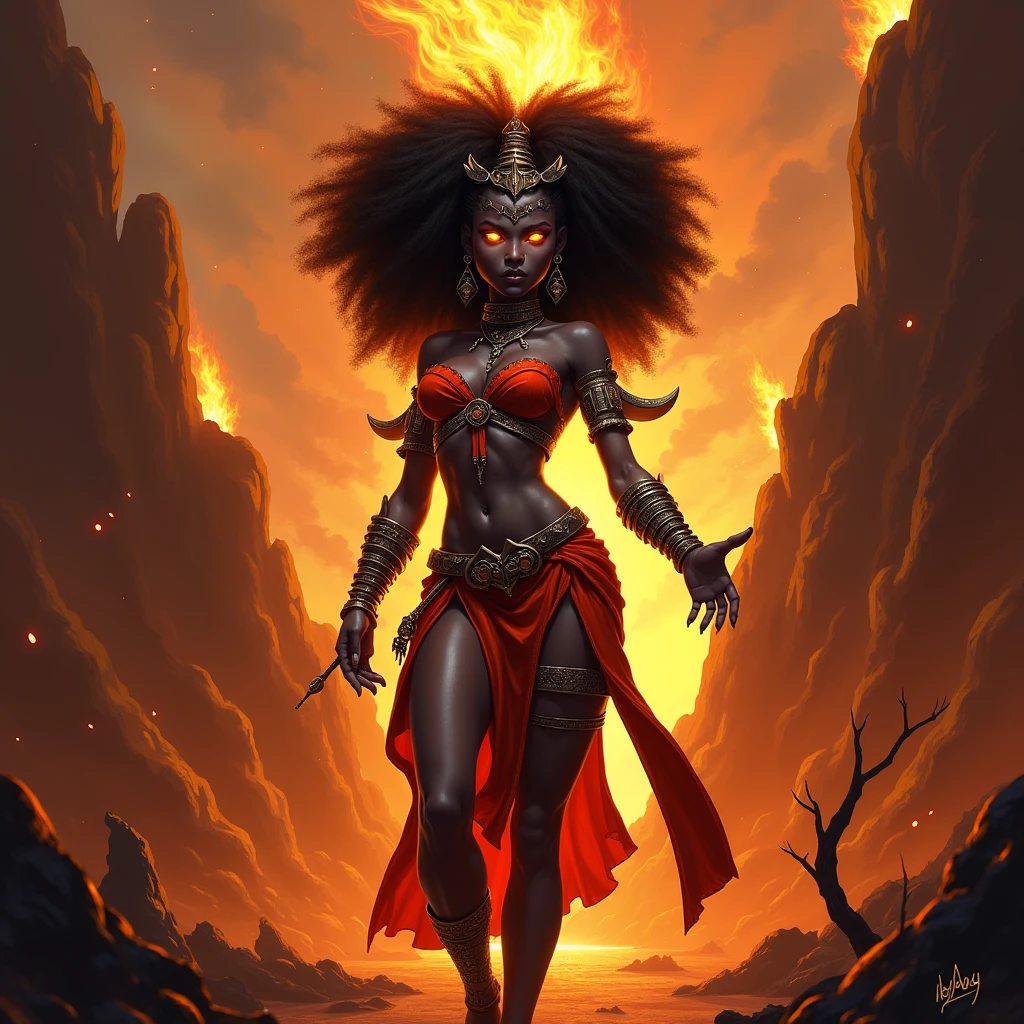 (masterpiece, UHD, fine-art digital painting:1.4), compelling African-descent woman, (dark ebony skin:1.3), (glowing amber eyes:1.2), radiating with an otherworldly glow, empowered but composed look on her face. Long, untamed curly black hair billowing around her, (curls sparking with ethereal fire:1.4), as if imbued with the raw essence of power and strength. Dressed in (an elegant yet battle-ready dark armor:1.1), ornamental gold details complementing her gleam. The backdrop of a looming storm, (rolling dark clouds:1.2), contrasting the incandescent fire in the foreground. Paint the atmosphere with her dominant persona, as she exhibits control over her fiery powers in one hand, causing a wild surge of flames, the light casting dramatic shadows on her figure. Depict the woman as the embodiment of resilience, showing not just physical strength but mental and spiritual might <lora:add_detail:0.2>