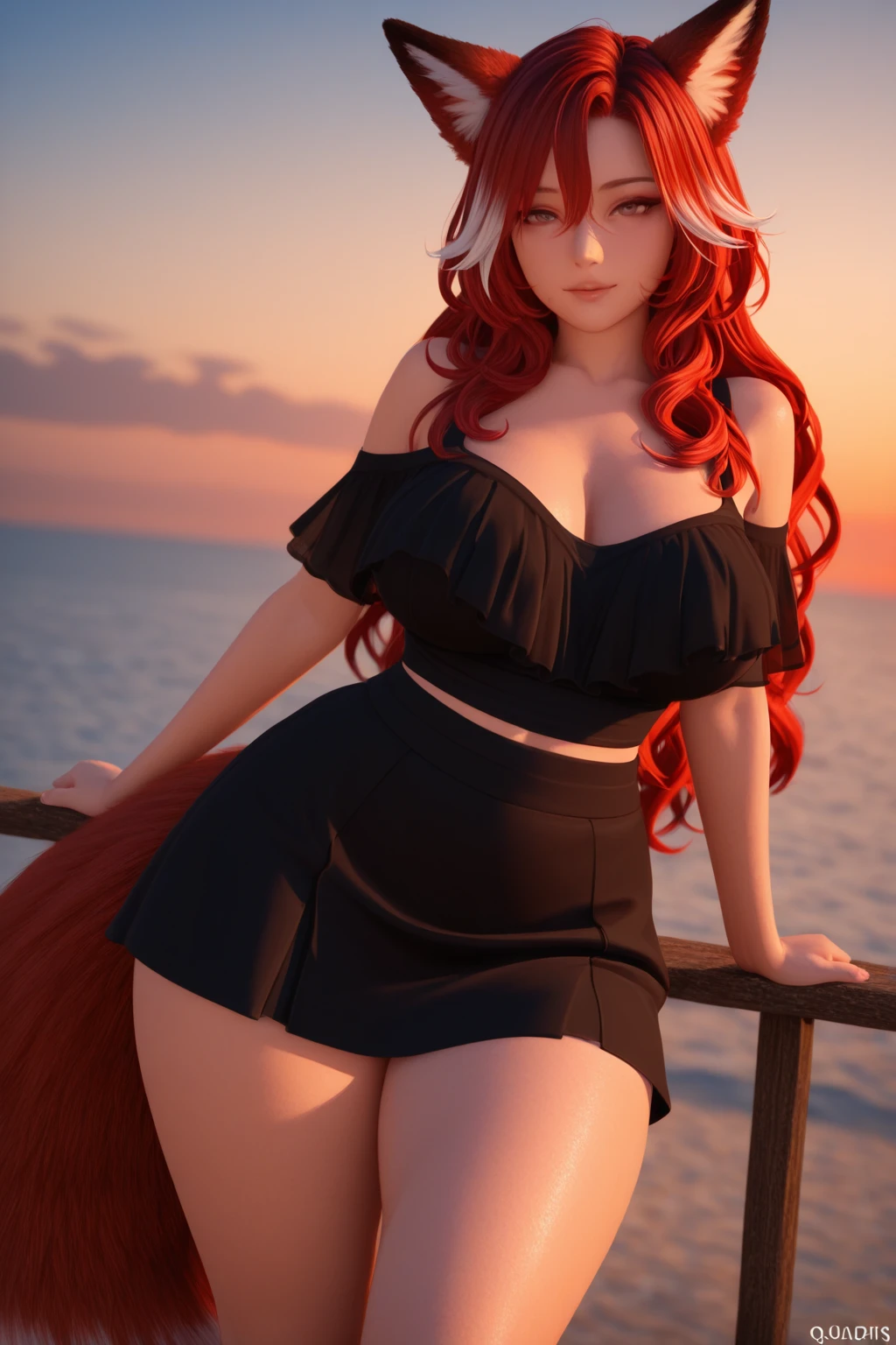 artwork, Best quality, detailed, 1 fox girl, long wavy hair, red hair, fox ears, red eyes, thin lips, round face, big breasts, wide hips, big pompous fox tail, alone, night sky, outdoor, full moon, stars, clouds, night, dark sakura, (black dress), evil smile, red bow, striped, thighs, sitting on a rock facing a waterfall eating a fish roasted on the grill