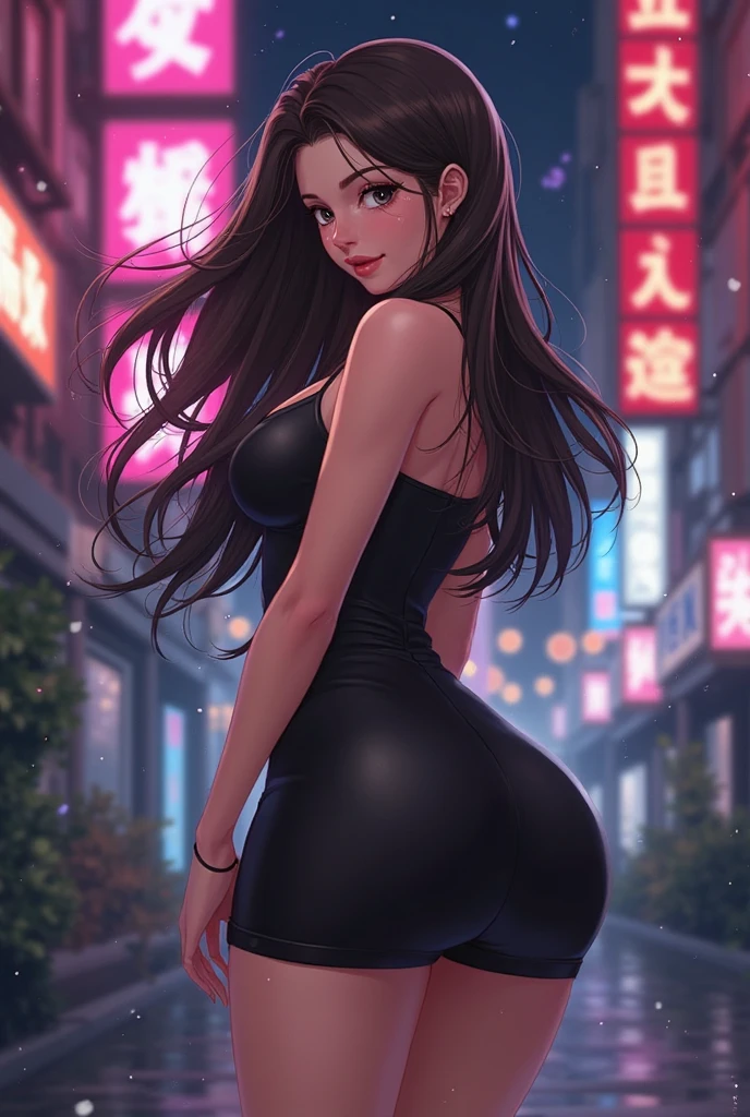 masterpiece, best quality, shadows, perfect hands, perfect legs, perfect ???????, pretty face, mature features, 1 girl, 21 years old, mature woman, sexy black dress, city night background, purple long hair, thighs, ass, breast, seductive, spicy, posing, cinematography lights,