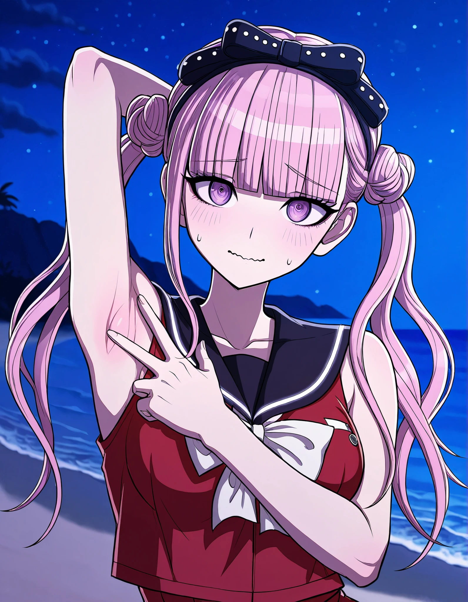 kako, pink hair, purple eyes, twintails, double bun, bow, blunt bangs, red serafuku, black sailor collar, sleeveless, game screencap, high quality, closed mouth, solo, upper body, night sky, beach, spread armpit, armpits, armpit focus, v, ((contrapposto)), looking at viewer, wavy mouth, shy, best quality,