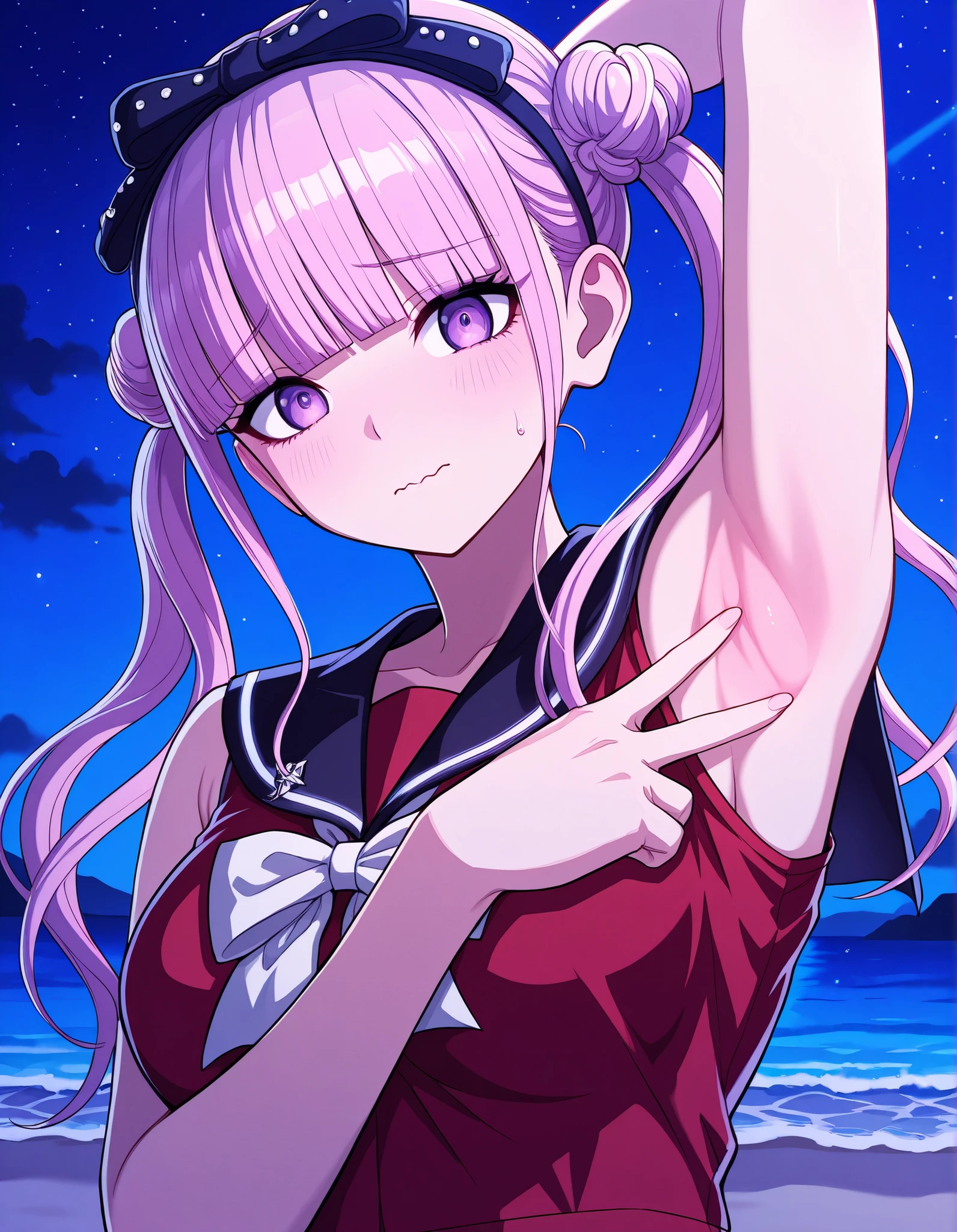 kako, pink hair, purple eyes, twintails, double bun, bow, blunt bangs, red serafuku, black sailor collar, sleeveless, game screencap, high quality, closed mouth, solo, upper body, night sky, beach, spread armpit, armpits, armpit focus, v, ((contrapposto)), looking at viewer, wavy mouth, shy, best quality,