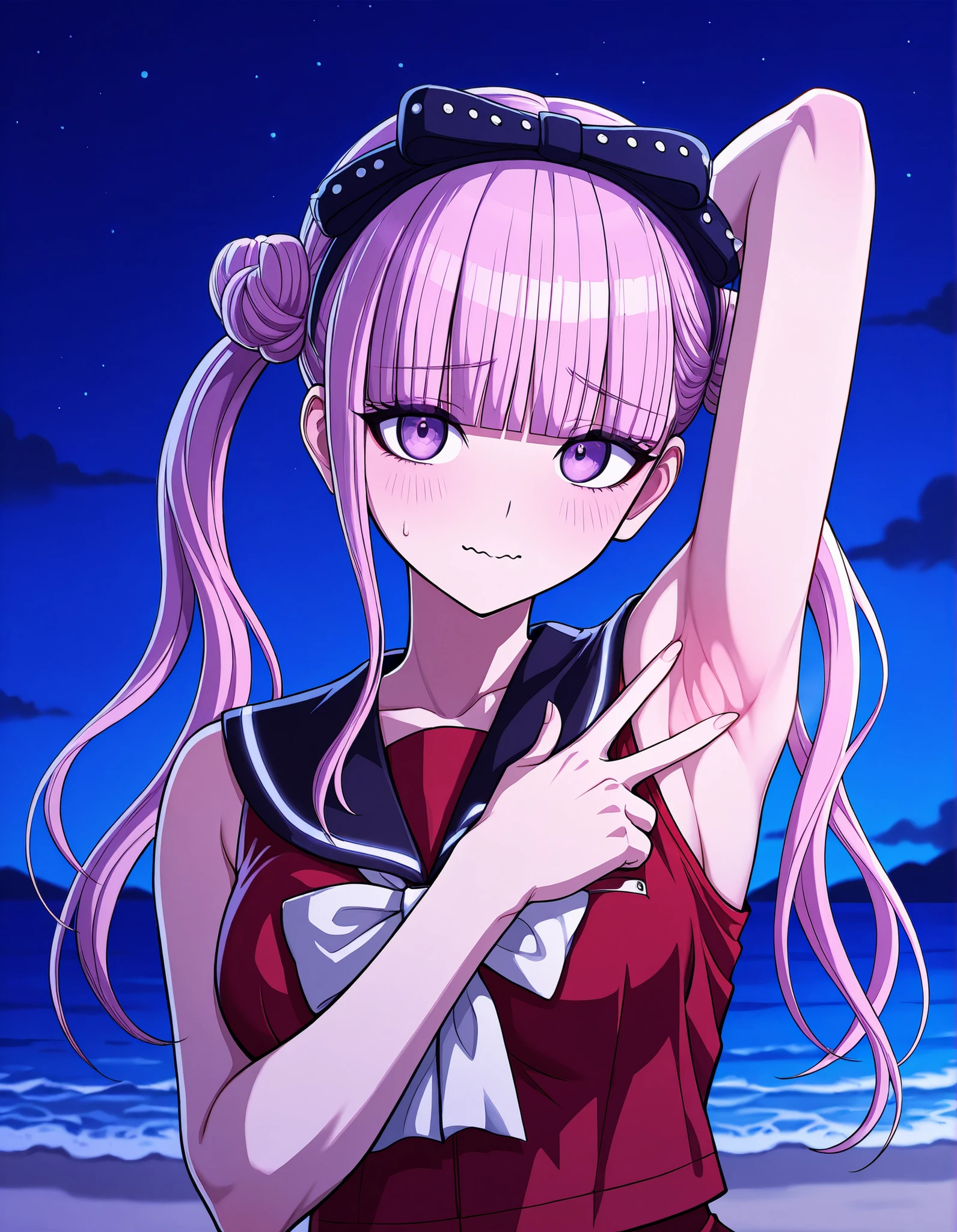 kako, pink hair, purple eyes, twintails, double bun, bow, blunt bangs, red serafuku, black sailor collar, sleeveless, game screencap, high quality, closed mouth, solo, upper body, night sky, beach, spread armpit, armpits, armpit focus, v, ((contrapposto)), looking at viewer, wavy mouth, shy, best quality,