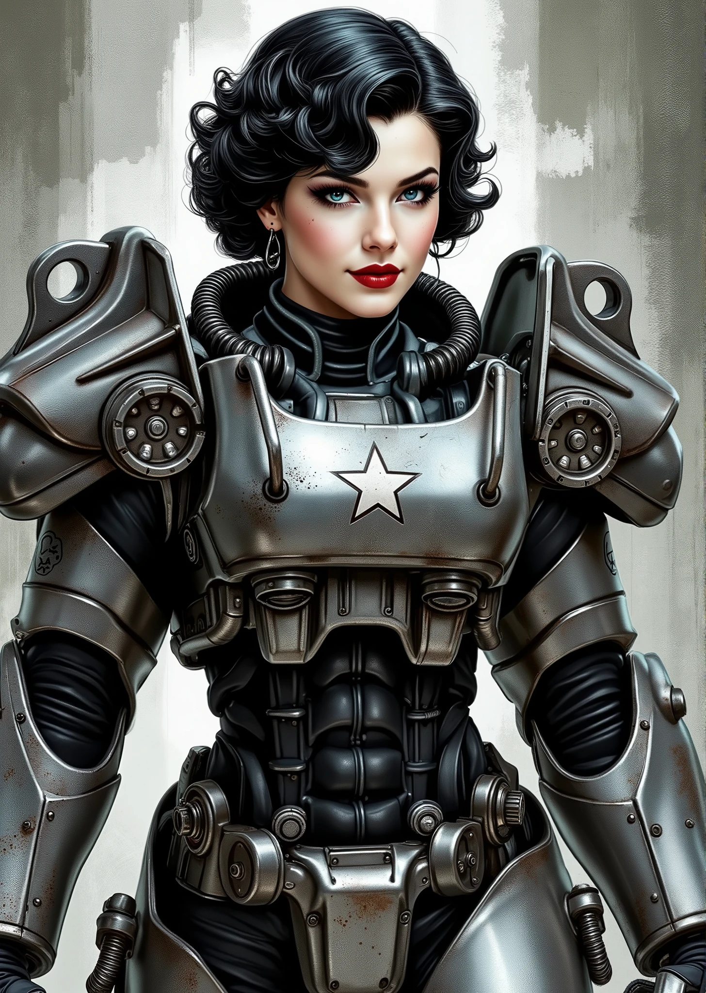 3/4 body shot, armor, t60, robot, An extremely detailed comic book illustration depicting a stunningly beautiful character portrayed by youthful baby faced Gene Tierney nineteen years old wearing a retro 50s T-60 power armor mechanized combat suit from the Fallout Video Game setting the armor features a dark metallic exterior with black interior padding with an emblem on the chest plate showing what appears to be a star in white paint suggesting this might be part of a military or faction insignia the armor has a distinctive design with various mechanical components plates and joints visible the character is framed within the bulky armor which has a worn utilitarian aesthetic typical of post-apocalyptic or military science fiction settings with the helmet off to reveal her face whose overall look combines vintage pin-up with modern Rockabilly fashion and alternative accessories in a 50s meets the post apocalypse vibe wearing bold classic red lipstick caked on white foundation making her appear incredibly pale in a classic vintage-style makeup with defined eyebrows and dramatic eye makeup with a short black curled hairstyle with vintage 1950s-inspired waves and voluminous styling typical of the era whose cut and styling are reminiscent of classic 1950s pin-up glamour meets alternative fashion with tattoos piercings and alternative accessories in an art style inspired by Frank Miller and Conan the Barbarian. She has an expression between kind and confident. Her blue eyes are warm and her smile is motherly and compassionate. The background is awash in brushstrokes in shades of concrete grey. The level of detail and the emotive, expressive quality of the character's face create a compelling almost cinematic portrait of a complex multifaceted individual. The image evokes a sense of strength, compassion, and a desire to protect her people, making the subject a visually striking and captivating heroic figure. Standing in a dynamic action pose. Trending on Art Station.