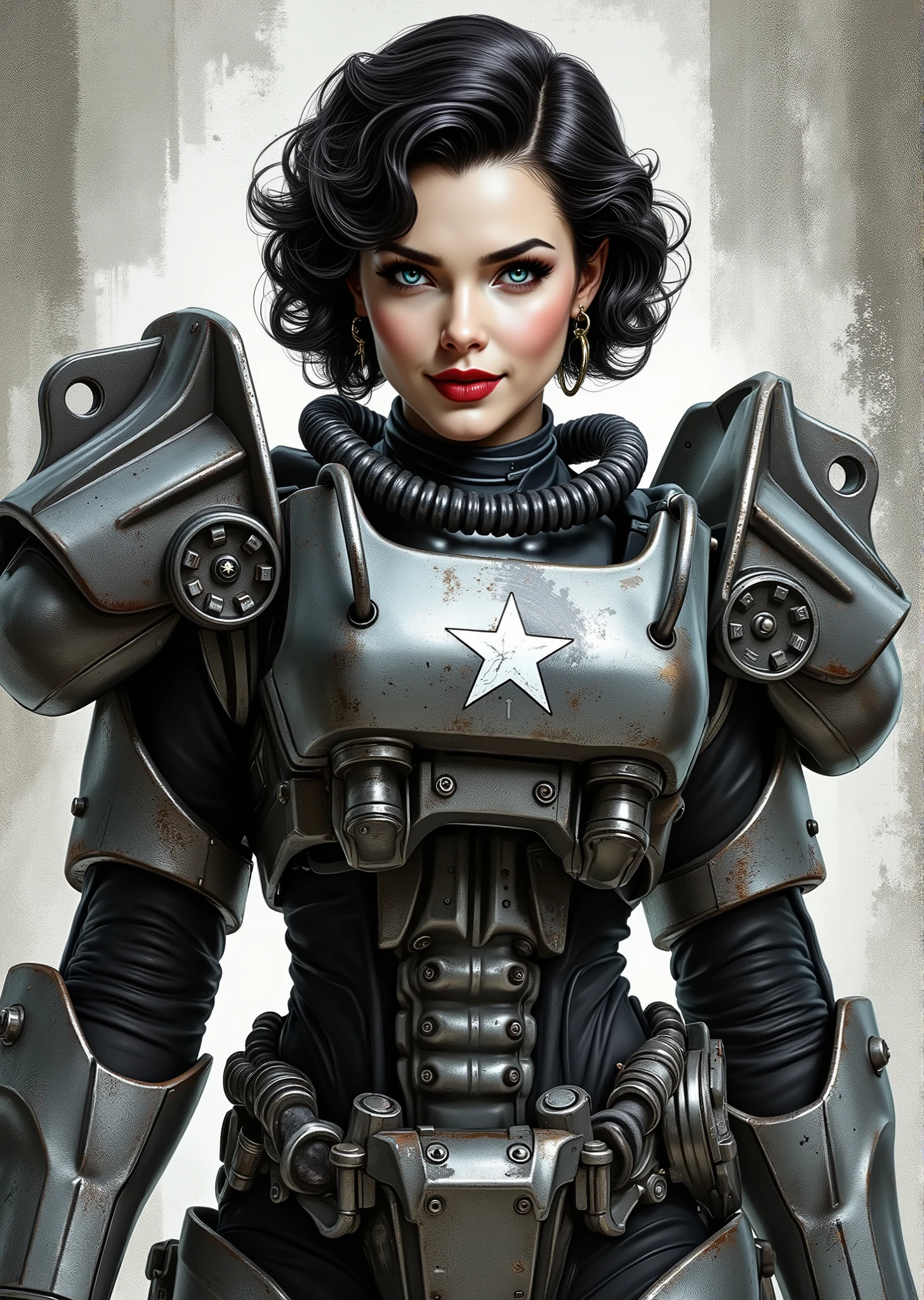 3/4 body shot, armor, t60, robot, An extremely detailed comic book illustration depicting a stunningly beautiful character portrayed by youthful baby faced Gene Tierney nineteen years old wearing a retro 50s T-60 power armor mechanized combat suit from the Fallout Video Game setting the armor features a dark metallic exterior with black interior padding with an emblem on the chest plate showing what appears to be a star in white paint suggesting this might be part of a military or faction insignia the armor has a distinctive design with various mechanical components plates and joints visible the character is framed within the bulky armor which has a worn utilitarian aesthetic typical of post-apocalyptic or military science fiction settings with the helmet off to reveal her face whose overall look combines vintage pin-up with modern Rockabilly fashion and alternative accessories in a 50s meets the post apocalypse vibe wearing bold classic red lipstick caked on white foundation making her appear incredibly pale in a classic vintage-style makeup with defined eyebrows and dramatic eye makeup with a short black curled hairstyle with vintage 1950s-inspired waves and voluminous styling typical of the era whose cut and styling are reminiscent of classic 1950s pin-up glamour meets alternative fashion with tattoos piercings and alternative accessories in an art style inspired by Frank Miller and Conan the Barbarian. She has an expression between kind and confident. Her blue eyes are warm and her smile is motherly and compassionate. The background is awash in brushstrokes in shades of concrete grey. The level of detail and the emotive, expressive quality of the character's face create a compelling almost cinematic portrait of a complex multifaceted individual. The image evokes a sense of strength, compassion, and a desire to protect her people, making the subject a visually striking and captivating heroic figure. Standing in a dynamic action pose. Trending on Art Station.
