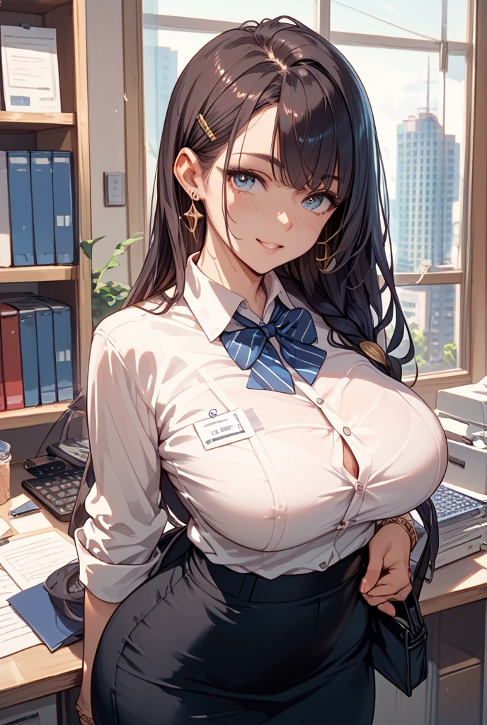 masterpiece, best quality, ultra detailed, detailed eyes, sparkling eyes, nsfw, nude, (((bare breasts))), ((large breasts)), The image features a young woman with long, dark hair styled with gentle waves and braids. She has striking blue eyes and a soft, friendly smile with a hint of blush on her cheeks, giving her a slightly shy or coy expression. Her attire consists of a white blouse that is neatly tucked into a black, high-waisted skirt. Over her blouse, she wears a light pink cardigan that is unbuttoned, adding a casual yet professional touch to her outfit. She is standing in what appears to be a modern office environment, leaning slightly against a desk with one hand resting on the surface and the other lightly touching her hair. The background shows a typical office setting with cubicles, computers, and paperwork. The overall ambiance of the image is bright and well-lit, suggesting a clean and organized workplace.