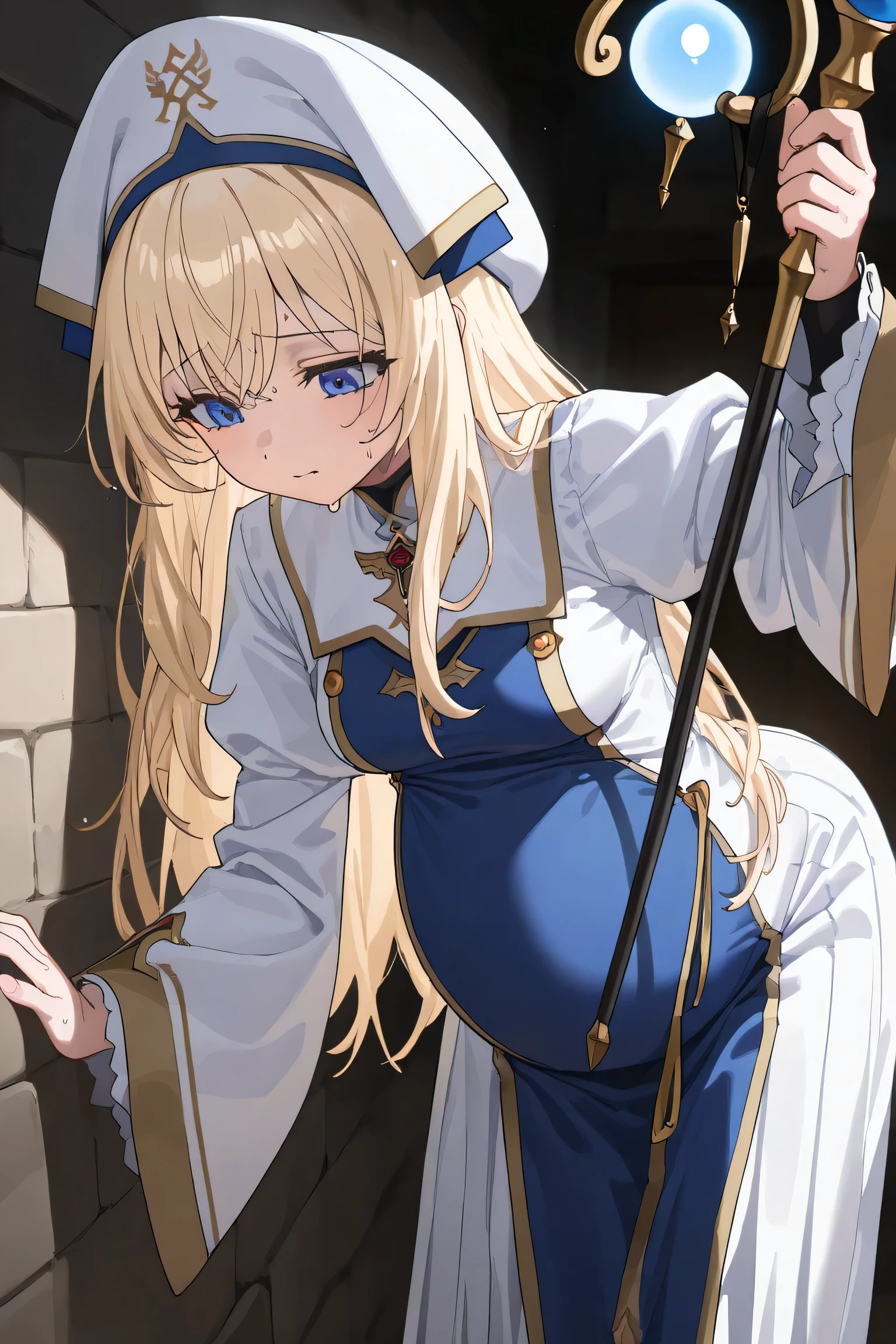 (Best quality, 4k, 8k, high resolution, masterpiece:1.2), ultra detailed, intricate details, beautiful girl, SOLO, alone, bangs, small-medium breasts, perfect smooth skin, head tilted, (Pregnant:1.1), white and blue cleric robe with gold trims and details, long white sleeves, a white cleric hat with cross symbol, holding a staff with a glowing orb, long blonde hair, blue eyes, pain, at medieval town on streets, Hand on wall, lean forward, looking down, sweating,