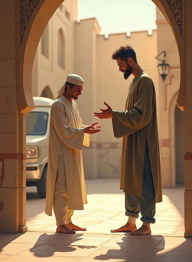 On a street in Madinah, a person is giving some money to another person but the other person is not taking the money. He is waving his hand and saying no.