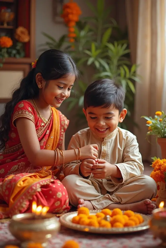 A young boy named Rahul sitting with a warm smile, while his sister named Shubhangi ties a rakhi on his wrist. They are sitting together in a cozy, traditional Indian living room decorated for Raksha Bandhan. Shubhangi is wearing a traditional Indian dress, and Rahul is dressed in a simple kurta. The scene is full of warmth and love, capturing the essence of the Raksha Bandhan festival
