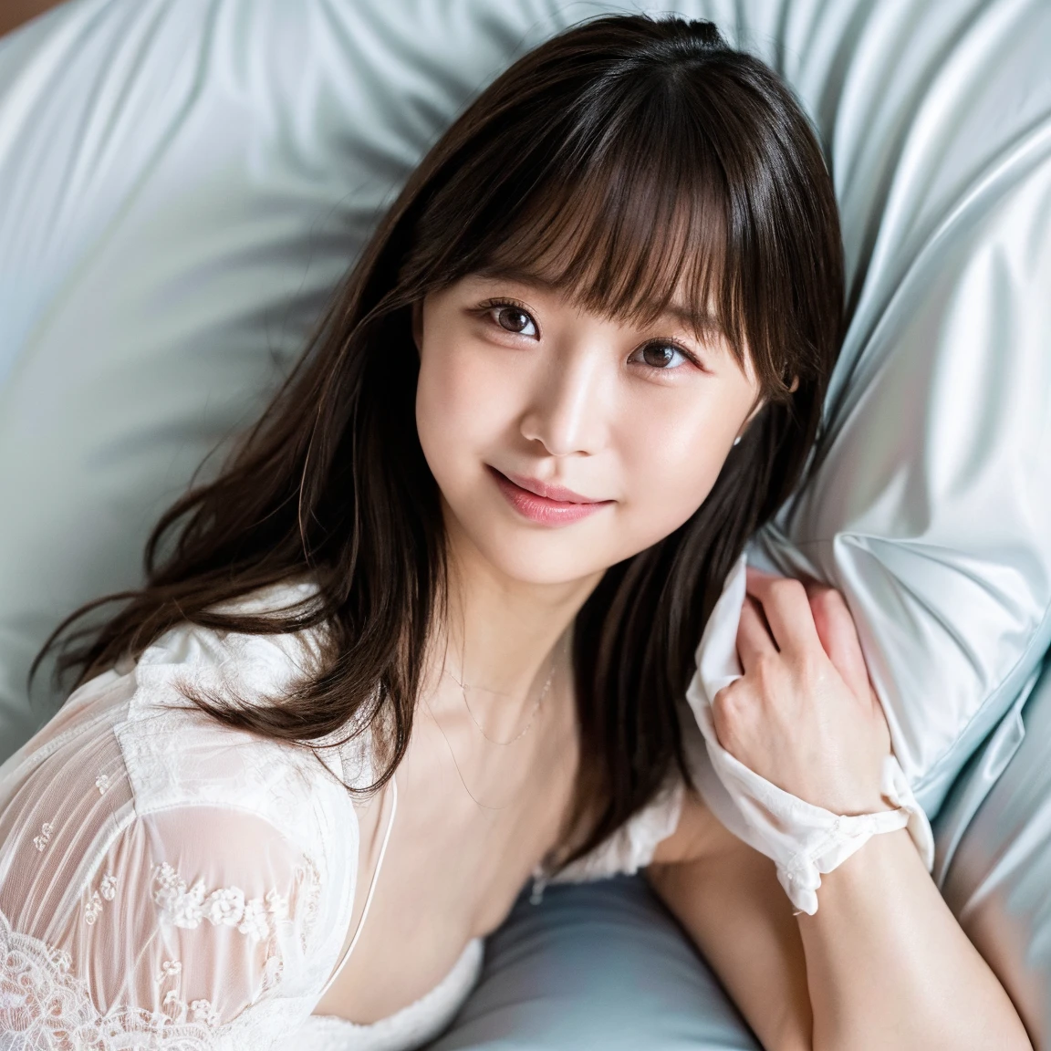 One girl, Very cute face, Great face and eyes, (Highly detailed eyes, Highly detailed face), Fresh, Very beautiful appearance, (Ultra-realistic, High resolution), (Highest quality:1.4), RAW Photos, (Realistic, Photorealistic:1.37), Professional photography, Cinematic Light, (Floral Nightgown:1.25), (Medium chest:1.1), (Open nightgown), (Exposing shoulders), smile, (Lying face up in the futon:1.5), (Look at me), Bedroom, futon, pillow, Floral screen, relax, Lantern Light,