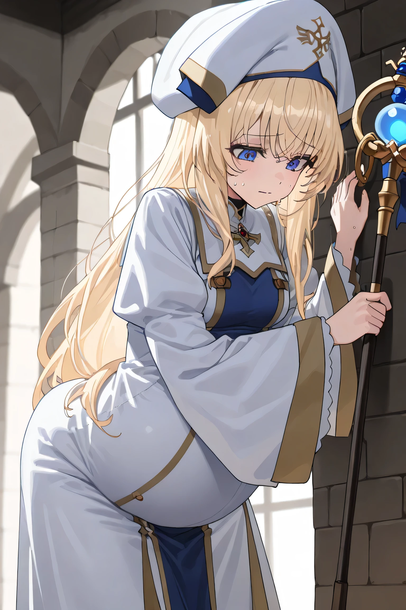 (Best quality, 4k, 8k, high resolution, masterpiece:1.2), ultra detailed, intricate details, beautiful girl, SOLO, alone, bangs, small-medium breasts, perfect smooth skin, head tilted, (Pregnant:1.1), white and blue cleric robe with gold trims and details, split lower robe, showing a layered design with flowing fabric panels on the sides, long white sleeves, a white cleric hat with cross symbol, holding a staff with a glowing orb, long blonde hair, blue eyes, pain, at medieval town on streets, Hand on wall, lean forward, looking down, sweating,