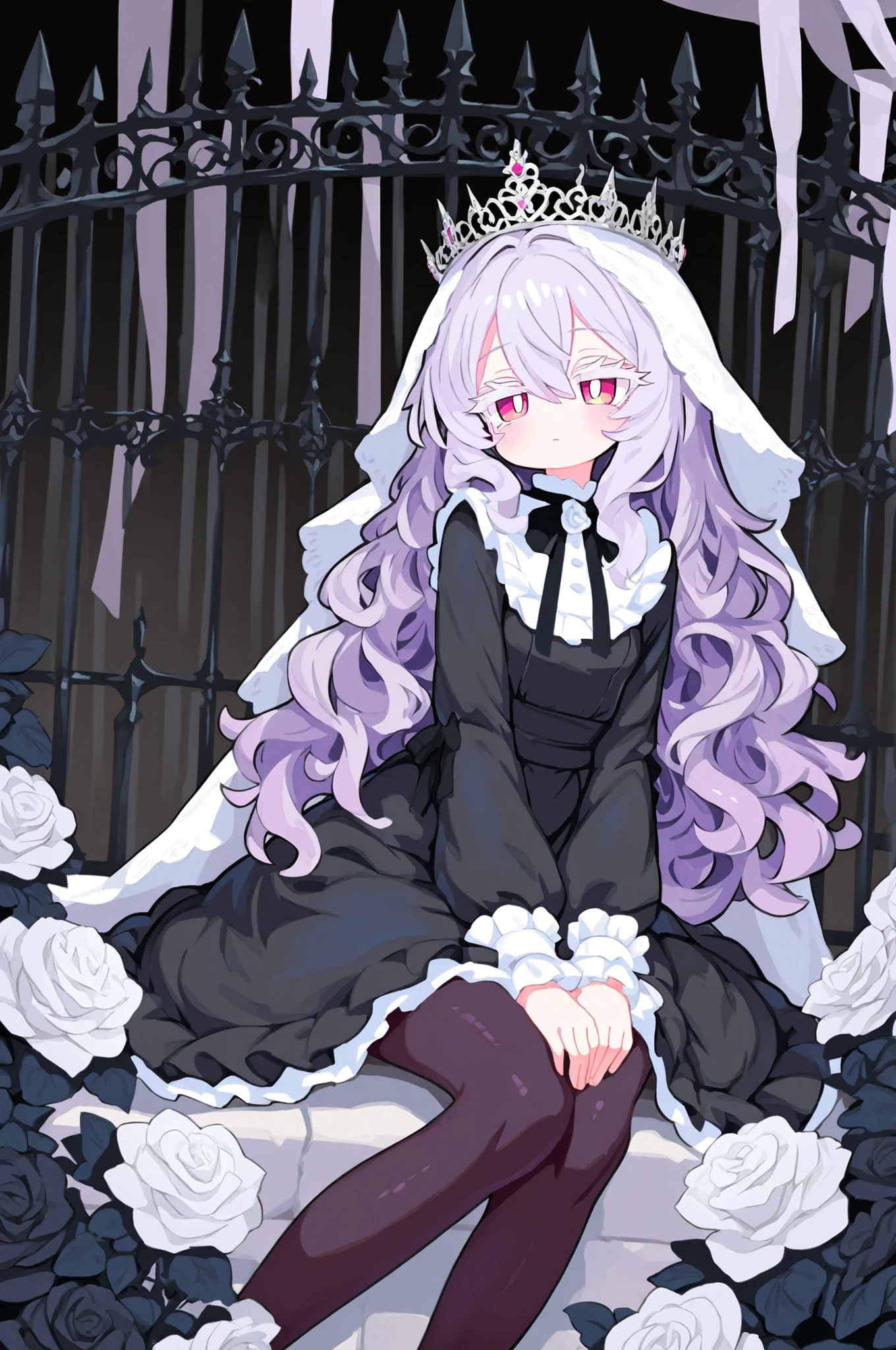 High Quality Masterpiece Detailed description 1 girl light purple hair Voluminous Lashes Wavy hair ends slim body small breasts (black dress frills and large ribbon decorations Black tights) cute pink eyes (White Veil black crown) Composition seen from the side sitting pose (white roses and black iron fence background) Iron fence with seafguard