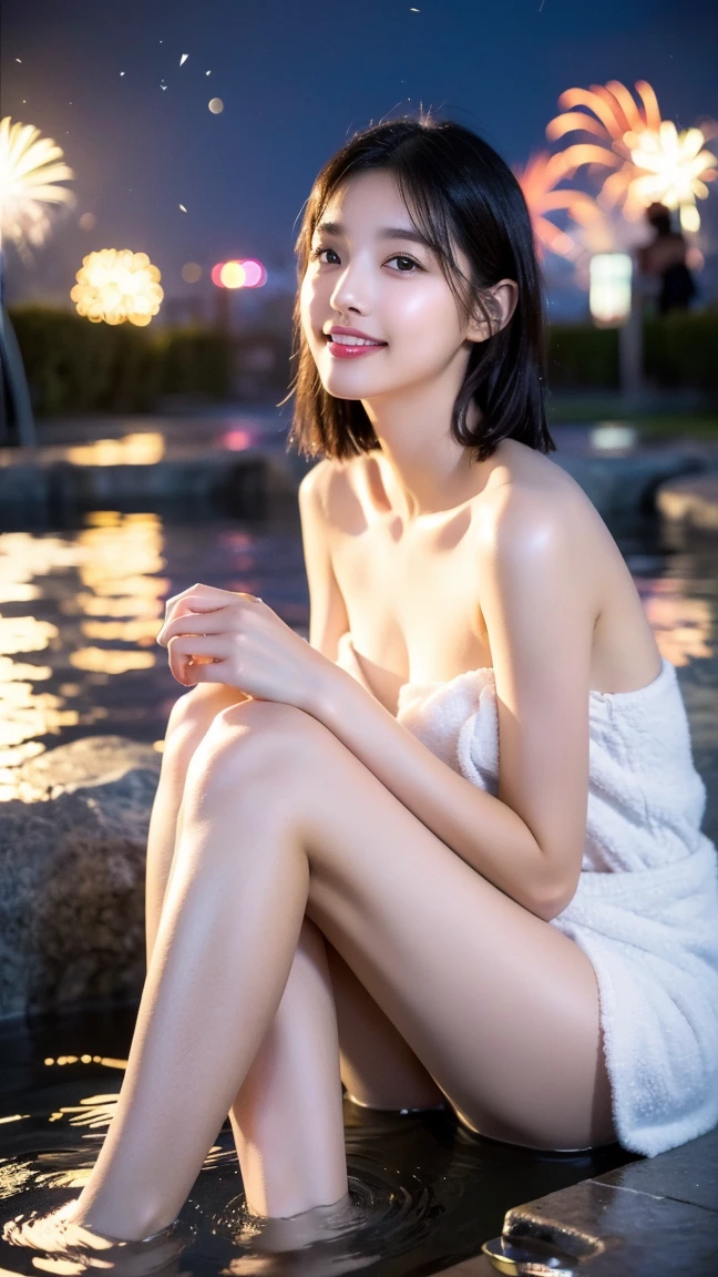 ( highest quality、8k、masterpiece: 1.1 )、( one woman : .1 )、she is in the steam、The background is a snowy Japanese stone open-air bath and Japanese garden.、There are stars in the night sky、open-air bath at night、Depicts wet, shiny skin。The moonlight illuminates the woman&#39;s figure。It&#39;s snowing、smile、Detailed facial and skin textures、Crystal clear white skin : 、fine eyes、double eyelid、beautiful woman with very perfect figure: 1.( wide angle : 1)、Medium long hair、hair blowing in the wind、full body shot。Sitting with legs apart 1.2、seductive pose。Wearing a bath towel on your skin : 1.2、