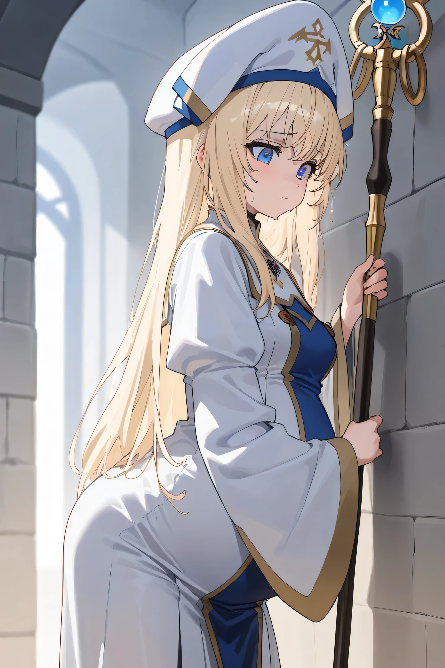 (Best quality, 4k, 8k, high resolution, masterpiece:1.2), ultra detailed, intricate details, beautiful girl, SOLO, alone, bangs, small-medium breasts, perfect smooth skin, head tilted, (Pregnant:1.1), white and blue cleric robe with gold and details, split lower robe, long white sleeves, a white cleric hat with cross symbol, holding a staff with a glowing orb, long blonde hair, blue eyes, pain, at medieval town on streets, Hand on wall, lean forward, looking down, sweating, side view