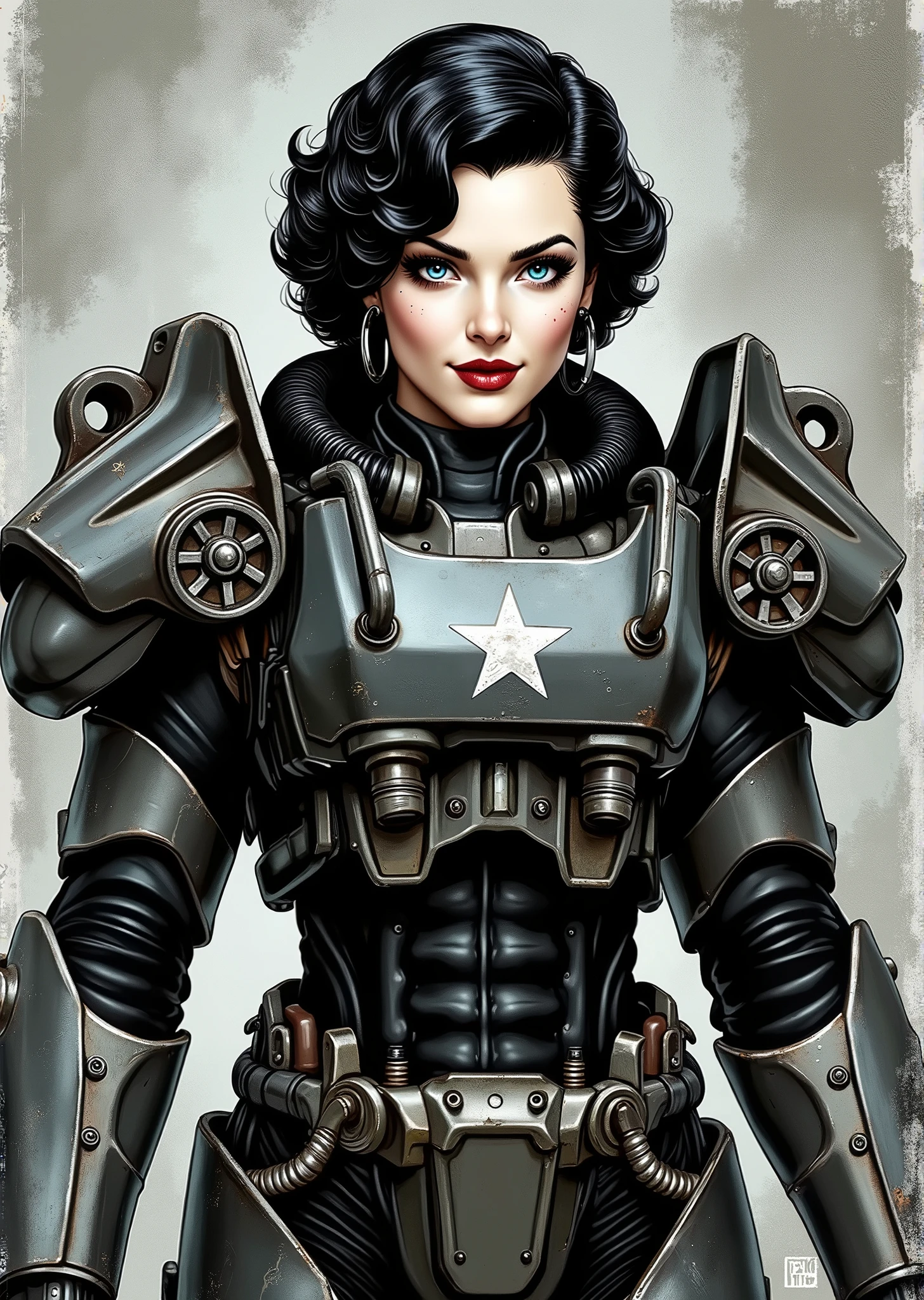 3/4 body shot, armor, t60, robot, An extremely detailed comic book illustration depicting a stunningly beautiful character portrayed by youthful baby faced Gene Tierney nineteen years old wearing a retro 50s T-60 power armor mechanized combat suit from the Fallout Video Game setting the armor features a dark metallic exterior with black interior padding with an emblem on the chest plate showing what appears to be a star in white paint suggesting this might be part of a military or faction insignia the armor has a distinctive design with various mechanical components plates and joints visible the character is framed within the bulky armor which has a worn utilitarian aesthetic typical of post-apocalyptic or military science fiction settings with the helmet off to reveal her face whose overall look combines vintage pin-up with modern Rockabilly fashion and alternative accessories in a 50s meets the post apocalypse vibe wearing bold classic red lipstick caked on white foundation making her appear incredibly pale in a classic vintage-style makeup with defined eyebrows and dramatic eye makeup with a short black curled hairstyle with vintage 1950s-inspired waves and voluminous styling typical of the era whose cut and styling are reminiscent of classic 1950s pin-up glamour meets alternative fashion with tattoos piercings and alternative accessories in an art style inspired by Frank Miller and Conan the Barbarian. She has an expression between kind and confident. Her blue eyes are warm and her smile is motherly and compassionate. The background is awash in brushstrokes in shades of concrete grey. The level of detail and the emotive, expressive quality of the character's face create a compelling almost cinematic portrait of a complex multifaceted individual. The image evokes a sense of strength, compassion, and a desire to protect her people, making the subject a visually striking and captivating heroic figure. Standing in a dynamic action pose. Trending on Art Station.