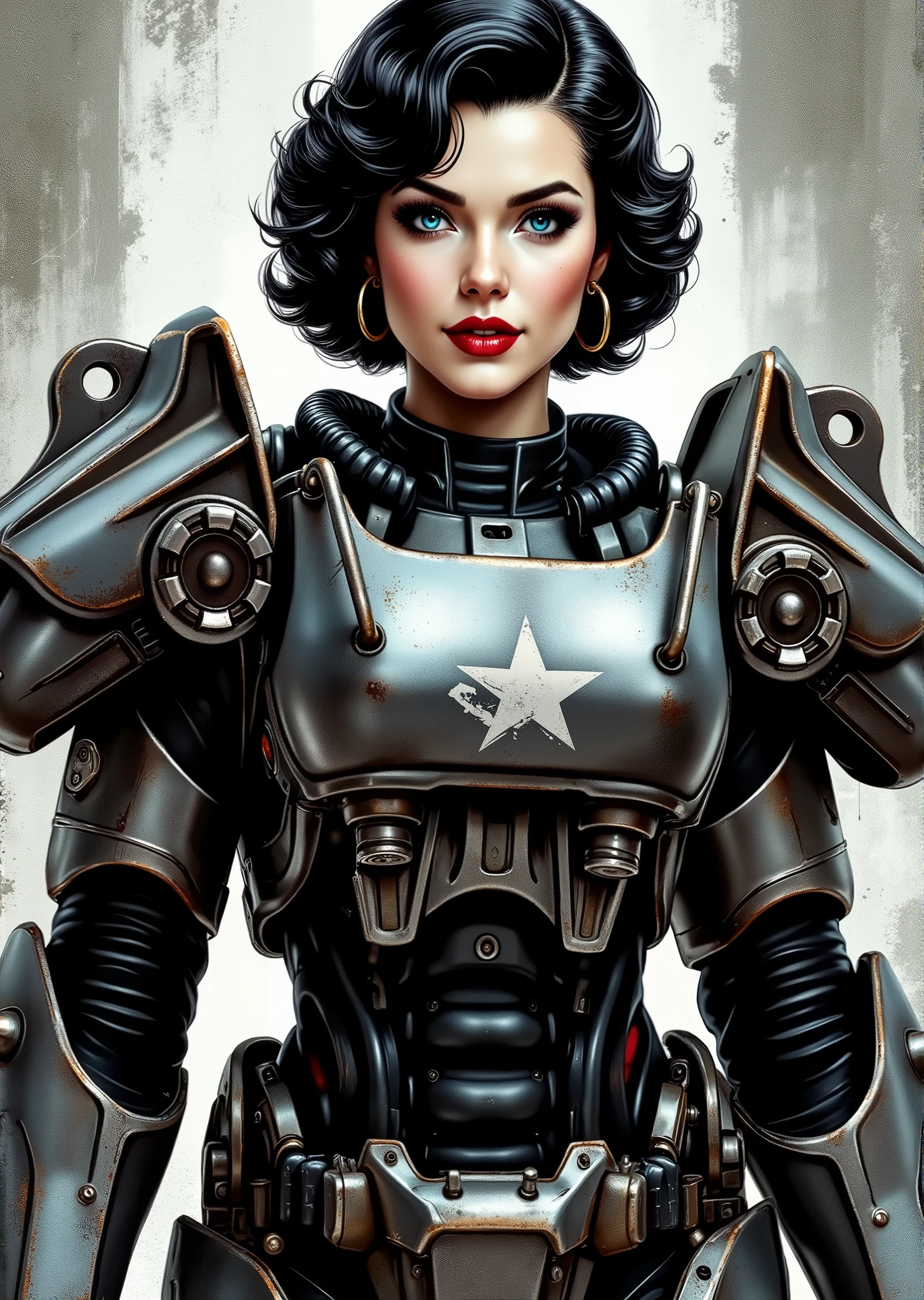 3/4 body shot, armor, t60, robot, An extremely detailed comic book illustration depicting a stunningly beautiful character portrayed by youthful baby faced Gene Tierney nineteen years old wearing a retro 50s T-60 power armor mechanized combat suit from the Fallout Video Game setting the armor features a dark metallic exterior with black interior padding with an emblem on the chest plate showing what appears to be a star in white paint suggesting this might be part of a military or faction insignia the armor has a distinctive design with various mechanical components plates and joints visible the character is framed within the bulky armor which has a worn utilitarian aesthetic typical of post-apocalyptic or military science fiction settings with the helmet off to reveal her face whose overall look combines vintage pin-up with modern Rockabilly fashion and alternative accessories in a 50s meets the post apocalypse vibe wearing bold classic red lipstick caked on white foundation making her appear incredibly pale in a classic vintage-style makeup with defined eyebrows and dramatic eye makeup with a short black curled hairstyle with vintage 1950s-inspired waves and voluminous styling typical of the era whose cut and styling are reminiscent of classic 1950s pin-up glamour meets alternative fashion with tattoos piercings and alternative accessories in an art style inspired by Frank Miller and Conan the Barbarian. She has an expression between kind and confident. Her blue eyes are warm and her smile is motherly and compassionate. The background is awash in brushstrokes in shades of concrete grey. The level of detail and the emotive, expressive quality of the character's face create a compelling almost cinematic portrait of a complex multifaceted individual. The image evokes a sense of strength, compassion, and a desire to protect her people, making the subject a visually striking and captivating heroic figure. Standing in a dynamic action pose. Trending on Art Station.