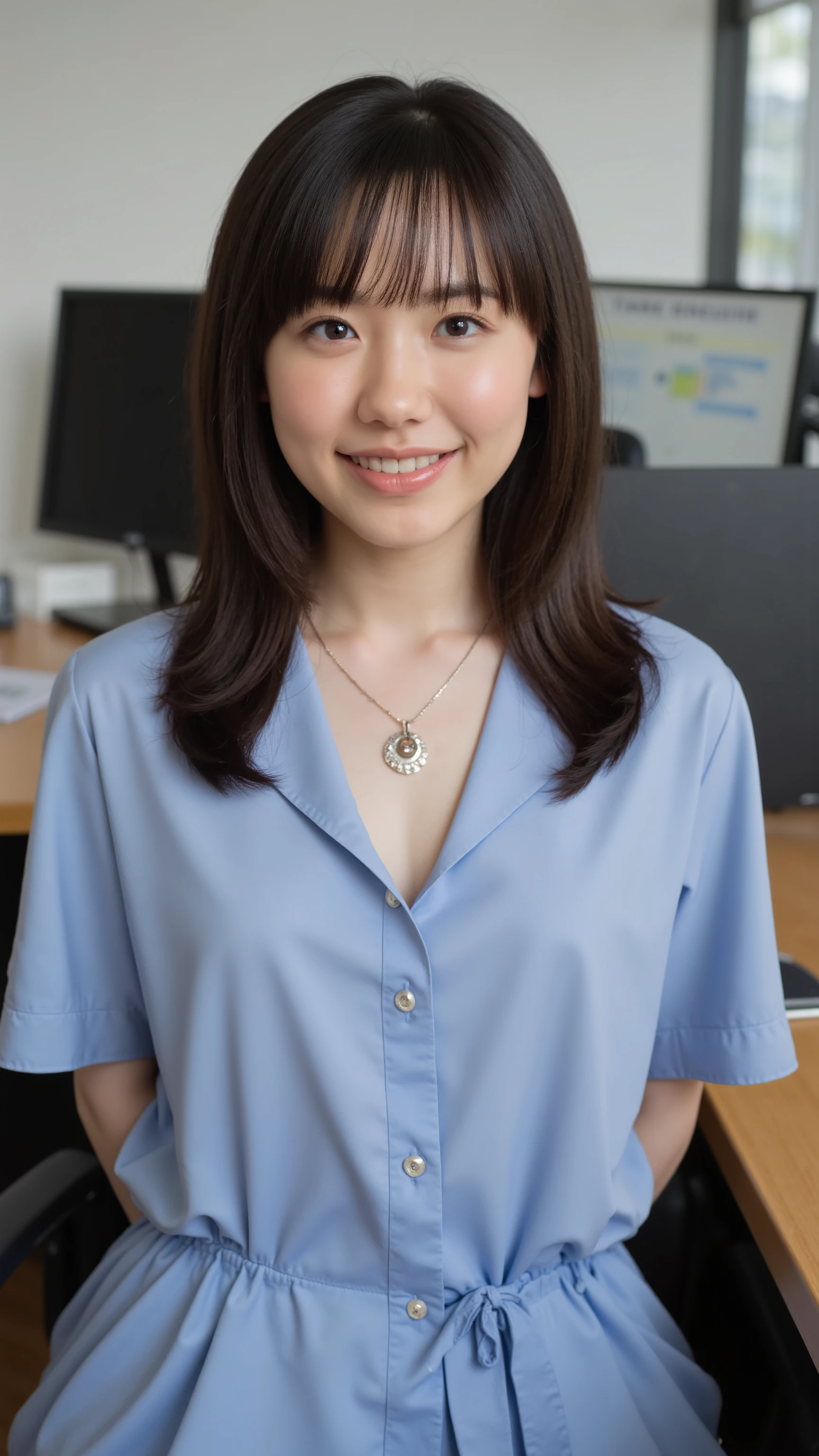 portrait,Bust Shot,office,plump breasts taken obliquely from above,office worker uniform,Taking off a uniform, chest exposure,sitting in an office chair,necklace,place your hands behind your head,Ashita Aina,Her lovely smile is wonderful,(masterpiece,high resolution, Highest Quality,1.2) my hair, medium hair, ( Prompt 1 .2)