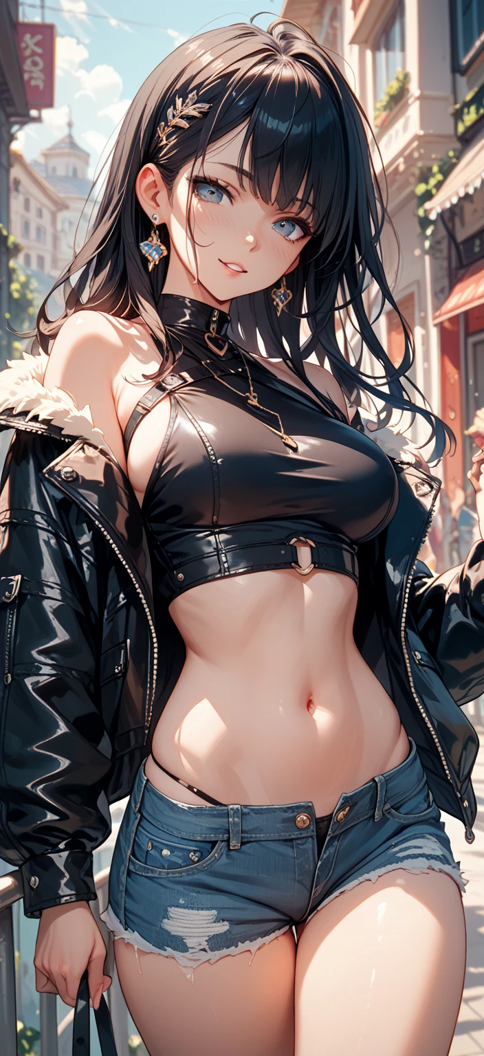 adult woman, black skin, purple long hair, red eyes, purple top, leather jacket, leather skirt, grin, open belly, open chest, black lipstick, masterpiece, high quality、high resolution、