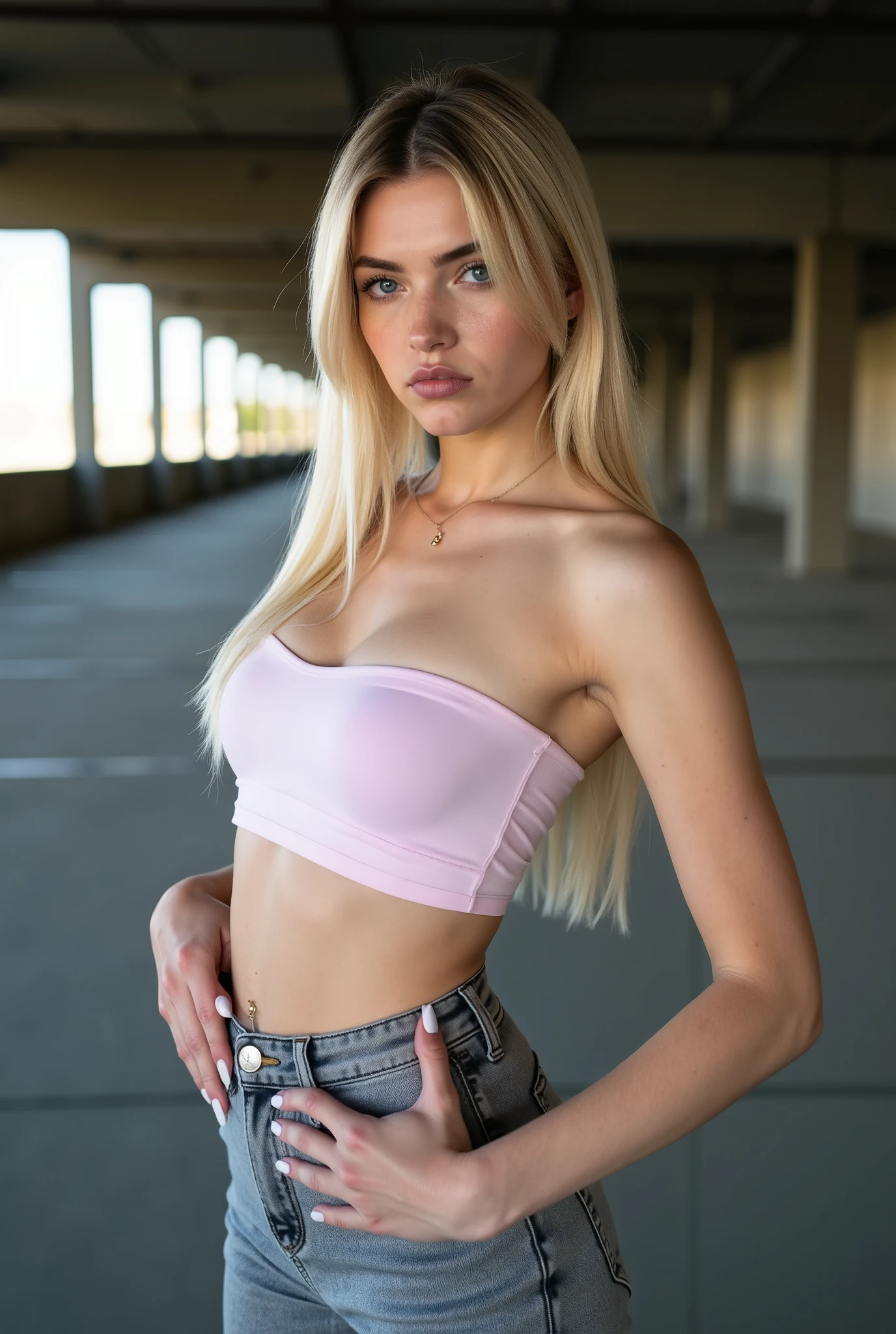stunn1ng, photorealistic, full body shot, candid photography style, white european caucasian, 1girl, young adult, youthful, narrow waist, perky breasts, flat stomach, alluring youthful face, soft cute features with subtle sharpness in cheekbones, vivid icy blue contact lenses with an intense frosty glare, dyed blonde hair with visible natural brown roots, middle-parted hair, extremely straight hair like an arrow, long hair past shoulders, ((mouth closed at all times)), piercing cold stare filled with judgment and unspoken command, subtly furrowed brows, faint downturn at the corners of her lips, dissatisfied and condescending expression as if expecting instant obedience, projecting absolute confidence and dominance, aura of authority that demands compliance to something outrageous, body language relaxed yet unmistakably in control, one hand firmly on hip, other arm loose but poised as if ready to gesture a command, long manicured fingernails with classic french tips, wearing a light pink bandeau top, exceptionally high-waisted grey skinny jeans, jeans slightly flared at the hem, outfit clings naturally to body, photorealistic fabric texture, standing in a barren empty garage, raw concrete walls and floor, muted industrial tones, ambient neutral daylight, cinematic soft shadows, cool-toned lighting, icy aesthetic, ultra-detailed, 8k, editorial realism, fashion photography tone, emotional distance, subtle tension, commanding presence