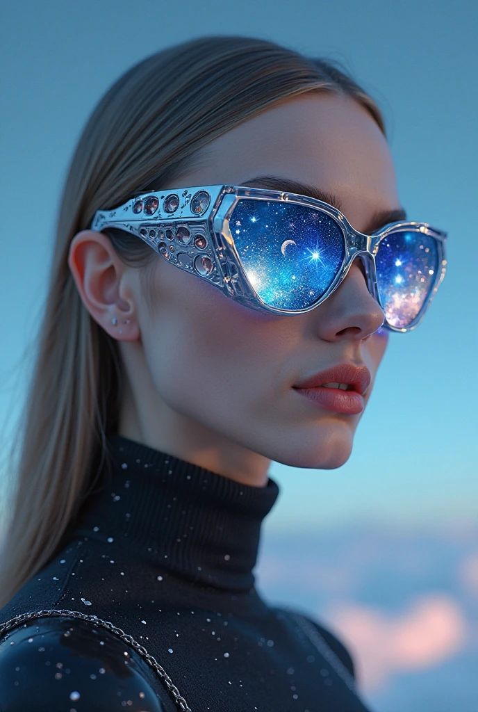 Model wears glass sunglasses, that depict stars and the moon - SeaArt AI