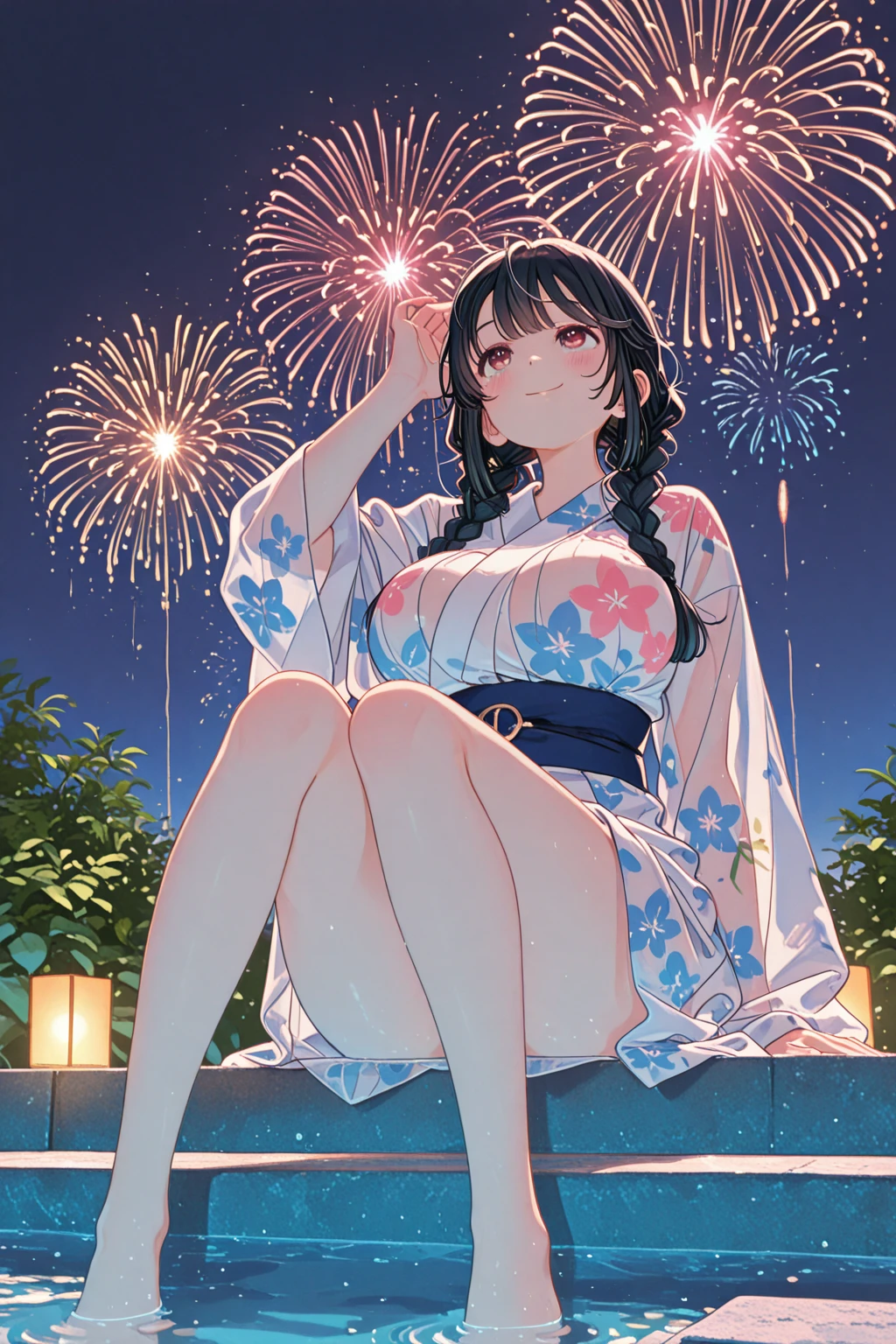 (masterpiece,highest quality, detailed), One girl, A sharp face、alone, Lying on the beach,black tights,Point your feet at the camera,Sea of night, Fireworks at night, whole body,Sweat, Ahegao, Roll your eyes, blush, naked、Purple Hair,((Long Bangs)),(One eye is hidden）、Purple choker,Sleeveless white shirt、Black underwear,A tight-fitting shirt、Big Breasts、Angle from below