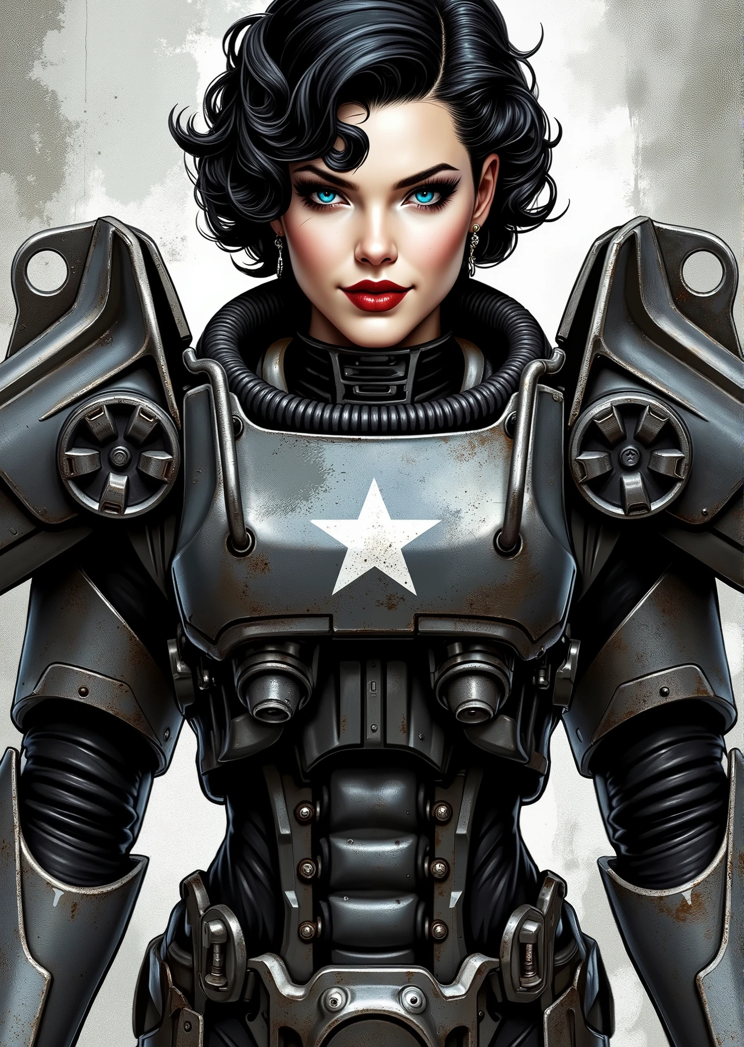 3/4 body shot, armor, t60, robot, An extremely detailed comic book illustration depicting a stunningly beautiful character portrayed by youthful baby faced Gene Tierney nineteen years old wearing a retro 50s T-60 power armor mechanized combat suit from the Fallout Video Game setting the armor features a dark metallic exterior with black interior padding with an emblem on the chest plate showing what appears to be a star in white paint suggesting this might be part of a military or faction insignia the armor has a distinctive design with various mechanical components plates and joints visible the character is framed within the bulky armor which has a worn utilitarian aesthetic typical of post-apocalyptic or military science fiction settings with the helmet off to reveal her face whose overall look combines vintage pin-up with modern Rockabilly fashion and alternative accessories in a 50s meets the post apocalypse vibe wearing bold classic red lipstick caked on white foundation making her appear incredibly pale in a classic vintage-style makeup with defined eyebrows and dramatic eye makeup with a short black curled hairstyle with vintage 1950s-inspired waves and voluminous styling typical of the era whose cut and styling are reminiscent of classic 1950s pin-up glamour meets alternative fashion with tattoos piercings and alternative accessories in an art style inspired by Frank Miller and Conan the Barbarian. She has an expression between kind and confident. Her blue eyes are warm and her smile is motherly and compassionate. The background is awash in brushstrokes in shades of concrete grey. The level of detail and the emotive, expressive quality of the character's face create a compelling almost cinematic portrait of a complex multifaceted individual. The image evokes a sense of strength, compassion, and a desire to protect her people, making the subject a visually striking and captivating heroic figure. Standing in a dynamic action pose. Trending on Art Station.