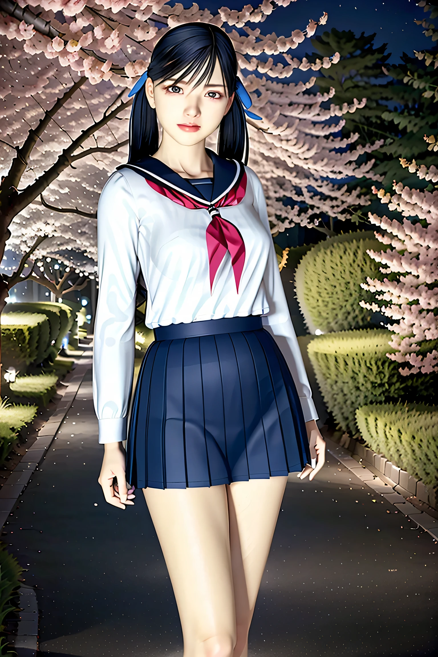 (8k, Highest Quality , masterpiece:1.2), ( realistic, photo- realistic:1.37), very detailed, Highest Quality , Very Stunning, professional lighting , photon mapping , emissivity, represents a spectacular natural landscape with physically-based rendering, Cinematic Light , late night road, depth of the letter frame , sharp concentration ,Sunshine, Good composition,(Bokeh:1.2) 1 girl, Alone,(Full Body), ( She closed her mouth ), Beautiful and Cute Eyes , pause, thin waist, Hand job for Japanese high school girls , black hair, messy hair, Long Hair ,sailor、女子高校生のsailor服、