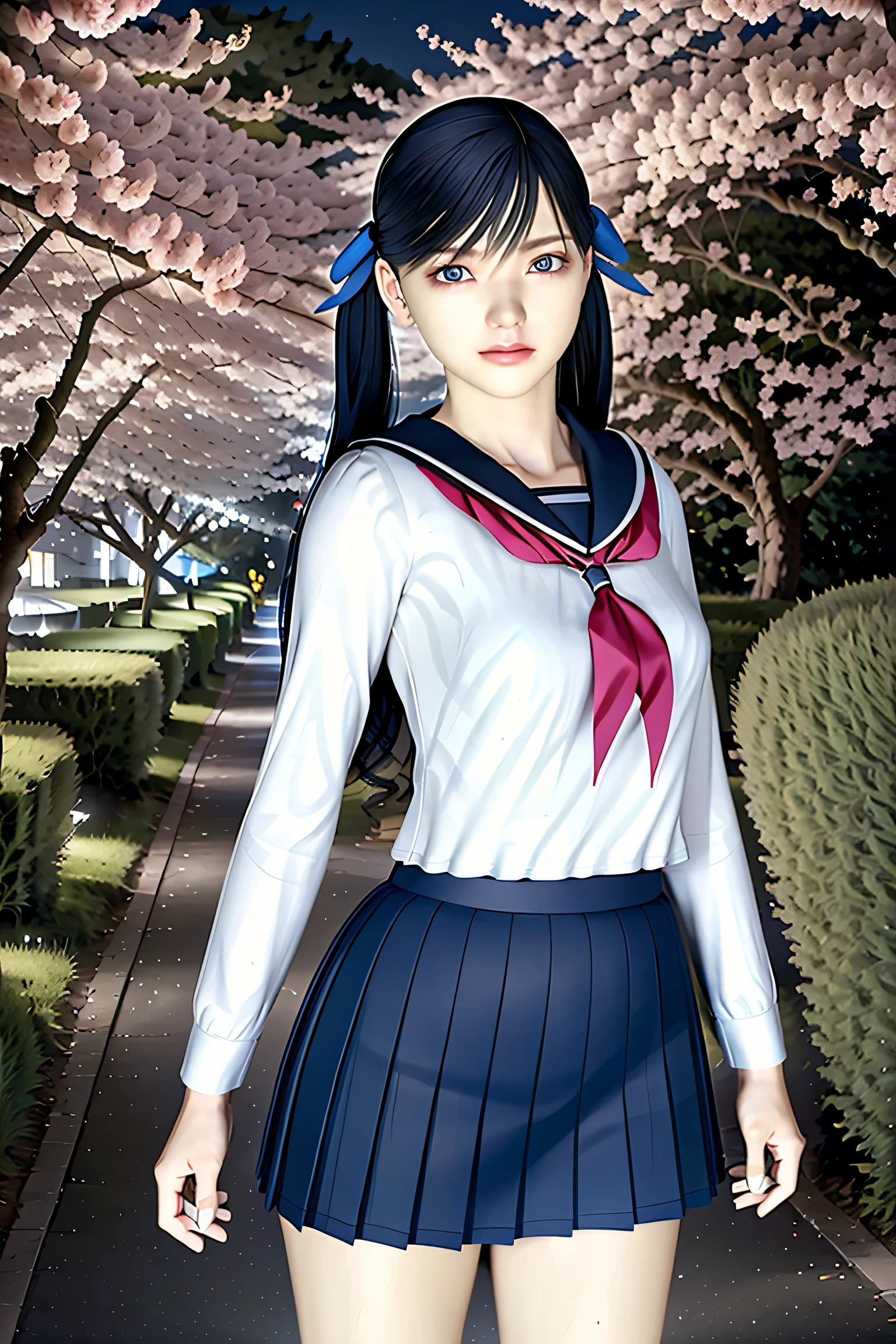 (8k, Highest Quality , masterpiece:1.2), ( realistic, photo- realistic:1.37), very detailed, Highest Quality , Very Stunning, professional lighting , photon mapping , emissivity, represents a spectacular natural landscape with physically-based rendering, Cinematic Light , late night road, depth of the letter frame , sharp concentration ,Sunshine, Good composition,(Bokeh:1.2) 1 girl, Alone,(Full Body), ( She closed her mouth ), Beautiful and Cute Eyes , pause, thin waist, Hand job for Japanese high school girls , black hair, messy hair, Long Hair ,sailor、女子高校生のsailor服、