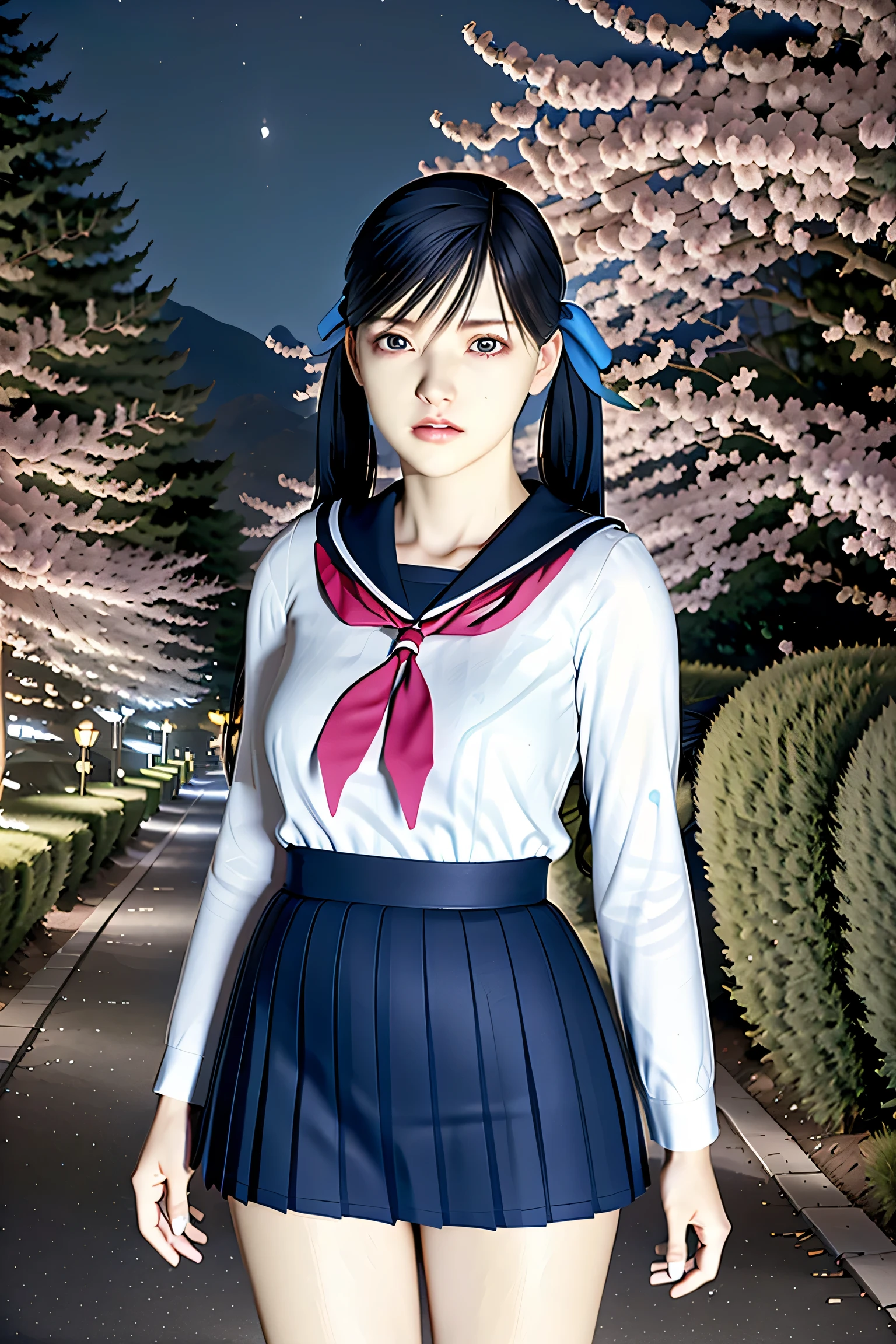 (8k, Highest Quality , masterpiece:1.2), ( realistic, photo- realistic:1.37), very detailed, Highest Quality , Very Stunning, professional lighting , photon mapping , emissivity, represents a spectacular natural landscape with physically-based rendering, Cinematic Light , late night road, depth of the letter frame , sharp concentration ,Sunshine, Good composition,(Bokeh:1.2) 1 girl, Alone,(Full Body), ( She closed her mouth ), Beautiful and Cute Eyes , pause, thin waist, Hand job for Japanese high school girls , black hair, messy hair, Long Hair ,sailor、女子高校生のsailor服、