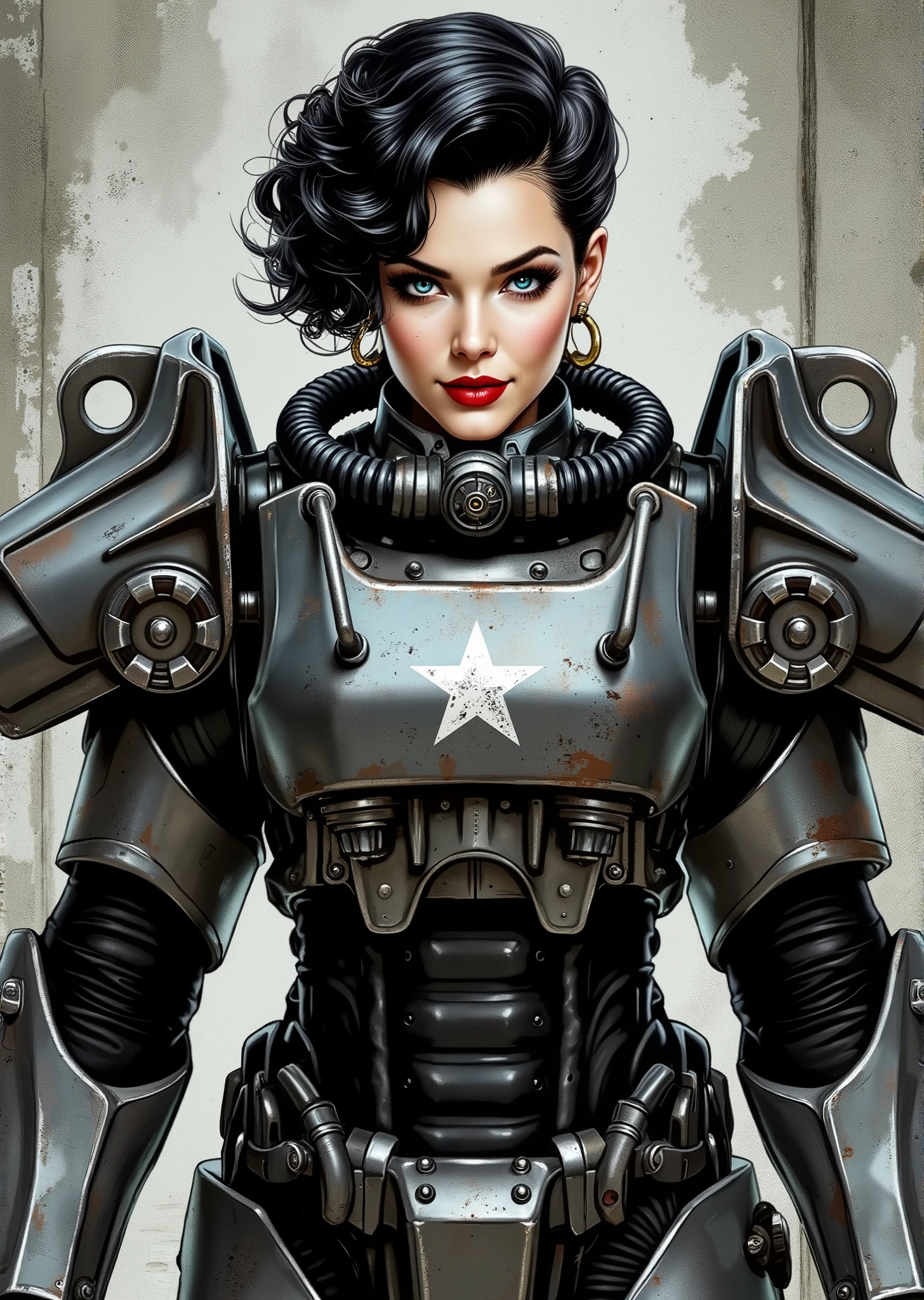 3/4 body shot, armor, t60, robot, An extremely detailed comic book illustration depicting a stunningly beautiful character portrayed by youthful baby faced Gene Tierney nineteen years old wearing a retro 50s T-60 power armor mechanized combat suit from the Fallout Video Game setting the armor features a dark metallic exterior with black interior padding with an emblem on the chest plate showing what appears to be a star in white paint suggesting this might be part of a military or faction insignia the armor has a distinctive design with various mechanical components plates and joints visible the character is framed within the bulky armor which has a worn utilitarian aesthetic typical of post-apocalyptic or military science fiction settings with the helmet off to reveal her face whose overall look combines vintage pin-up with modern Rockabilly fashion and alternative accessories in a 50s meets the post apocalypse vibe wearing bold classic red lipstick caked on white foundation making her appear incredibly pale in a classic vintage-style makeup with defined eyebrows and dramatic eye makeup with a short black curled hairstyle with vintage 1950s-inspired waves and voluminous styling typical of the era whose cut and styling are reminiscent of classic 1950s pin-up glamour meets alternative fashion with tattoos piercings and alternative accessories in an art style inspired by Frank Miller and Conan the Barbarian. She has an expression between kind and confident. Her blue eyes are warm and her smile is motherly and compassionate. The background is awash in brushstrokes in shades of concrete grey. The level of detail and the emotive, expressive quality of the character's face create a compelling almost cinematic portrait of a complex multifaceted individual. The image evokes a sense of strength, compassion, and a desire to protect her people, making the subject a visually striking and captivating heroic figure. Standing in a dynamic action pose. Trending on Art Station.