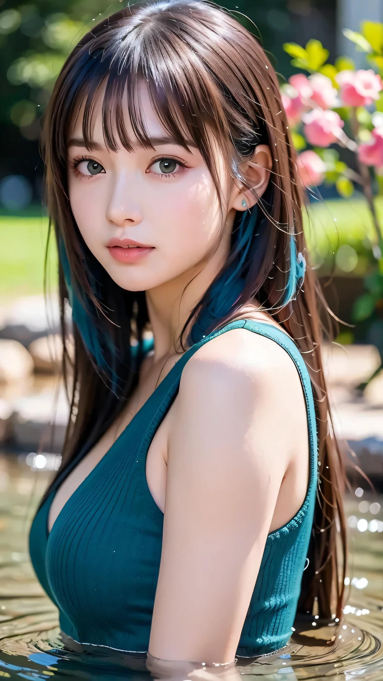 anime girl with blue hair and green eyes standing in water, Detailed Digital Animation Art, do, clean Heavy Man Under {X} detailed anime art, anime art wallpaper 4k, anime art wallpaper 4k, detailed portrait of an anime girl, Anime Art Wallpaper 8K , Heavy Man Under {X} detailed anime art, Heavy Man Under {X} detailed anime artwork, art-gum, beautiful anime style , Beautiful Anime Portraits, (Highest Quality, Highest Quality, 傑do), reality, live-action, ultra high definition