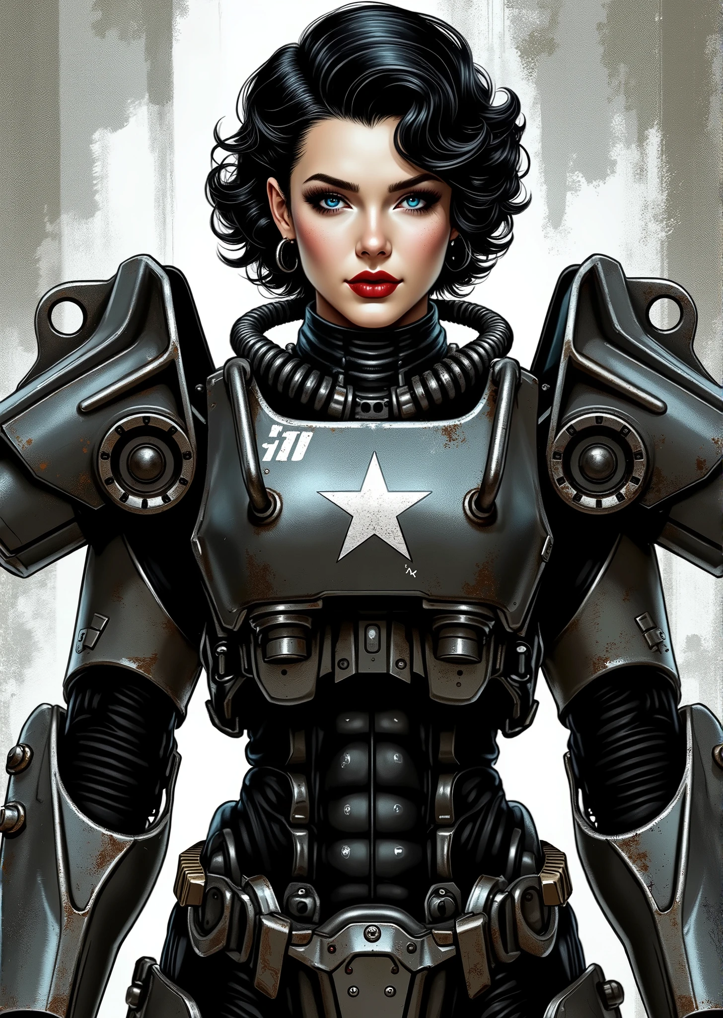 3/4 body shot, armor, t60, robot, An extremely detailed comic book illustration depicting a stunningly beautiful character portrayed by youthful baby faced Gene Tierney nineteen years old wearing a retro 50s T-60 power armor mechanized combat suit from the Fallout Video Game setting the armor features a dark metallic exterior with black interior padding with an emblem on the chest plate showing what appears to be a star in white paint suggesting this might be part of a military or faction insignia the armor has a distinctive design with various mechanical components plates and joints visible the character is framed within the bulky armor which has a worn utilitarian aesthetic typical of post-apocalyptic or military science fiction settings with the helmet off to reveal her face whose overall look combines vintage pin-up with modern Rockabilly fashion and alternative accessories in a 50s meets the post apocalypse vibe wearing bold classic red lipstick caked on white foundation making her appear incredibly pale in a classic vintage-style makeup with defined eyebrows and dramatic eye makeup with a short black curled hairstyle with vintage 1950s-inspired waves and voluminous styling typical of the era whose cut and styling are reminiscent of classic 1950s pin-up glamour meets alternative fashion with tattoos piercings and alternative accessories in an art style inspired by Frank Miller and Conan the Barbarian. She has an expression between kind and confident. Her blue eyes are warm and her smile is motherly and compassionate. The background is awash in brushstrokes in shades of concrete grey. The level of detail and the emotive, expressive quality of the character's face create a compelling almost cinematic portrait of a complex multifaceted individual. The image evokes a sense of strength, compassion, and a desire to protect her people, making the subject a visually striking and captivating heroic figure. Standing in a dynamic action pose. Trending on Art Station.
