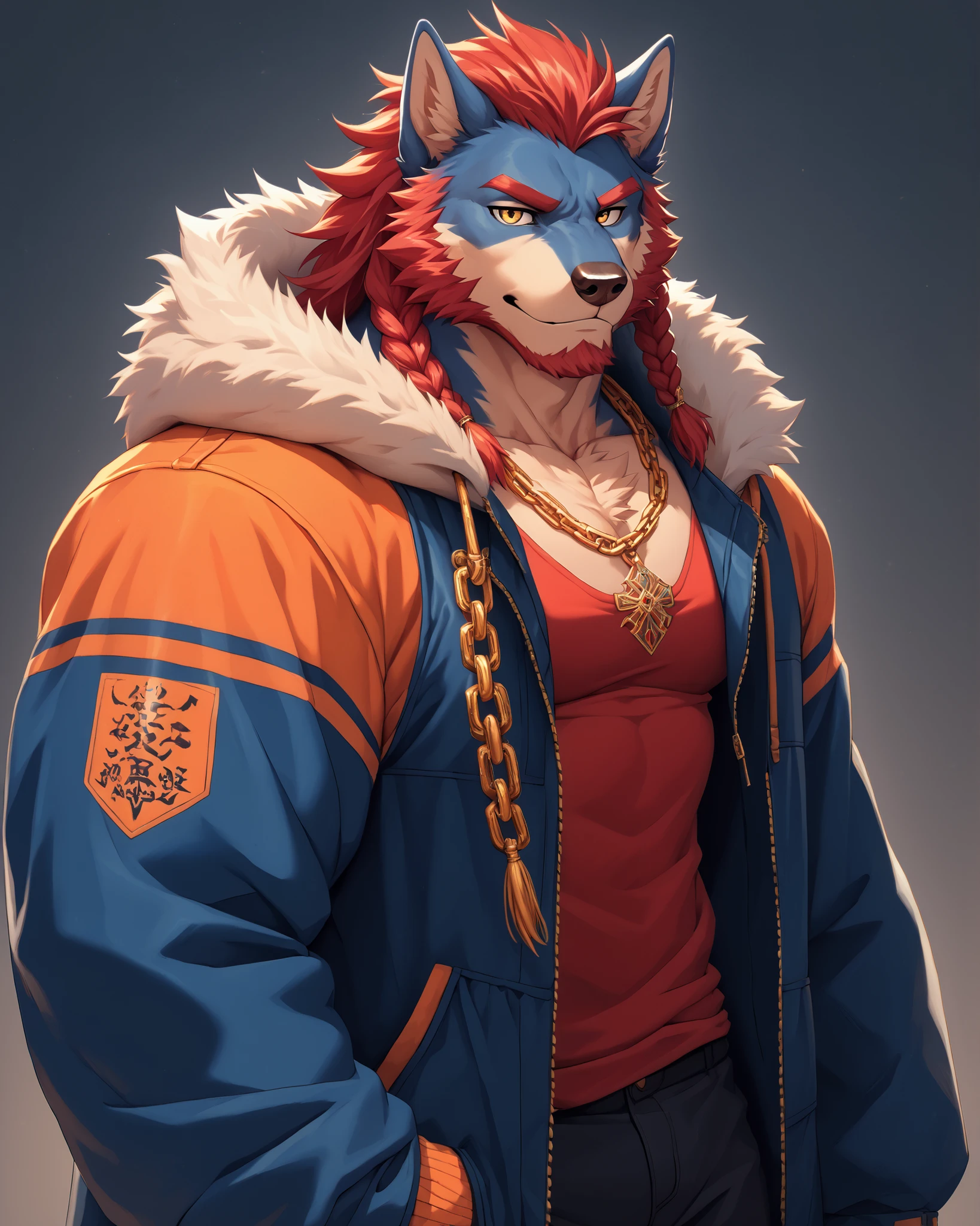 solo, anthro wolf, muscular character, wearing a baggy jacket, wallpaper quality, standing, chest-up portrait, (fluffy fur, furry body, dark blue body), dark blue fur, yellow eyes, male, furry, (yellow eyes), handsome, hud_dr3adlocks, medium hair, (beard, red beard, red sideburns, long sideburns, red hair, red facial hair), glowing edges, glowing orange highlights, simple background, (big muscles), battle braids, tattoos, (orange t-shirt, baggy jacket), masterpiece, straps, pectorals, bara, white background, standing, correct anatomy, correct hands, best quality, mohawk, short hair on head, orange and red, (tan mouth, tan pectorals), chain link necklace, red chest fluff, fur-hood, shiny jewerly, rings on fingers, red eyebrows,