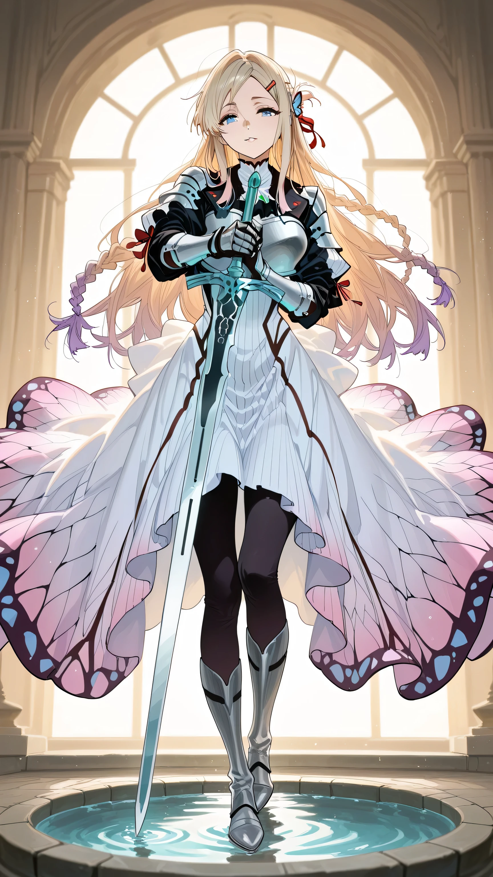 An ultra high detailed of Full-body view of a female warrior. She has a Gentle and refined female face with delicate, well-balanced features; fair smooth skin; large, expressive blue eyes with a calm gaze; soft straight eyebrows; small, elegant nose; and light, naturally curved lips showing a subtle, serene expression. Her body is tall, slender, and well-proportioned. She stands upright with a scary, attacking posture. She has an asuna yuuki's hairstyle with longer braided side strands framing the face. she wear hair clip butterfly-shaped. She have gradation soft blonde to purple hair. She wears a butterfly-shaped hair clip on one side. Her outfit is asuna yuuki's  battle dress with a modest design. The color scheme is white with red trim. She wears a form-fitting with a high collar. with silver shoulder and arm armor. Wearing violet evergarden's dress has a flowing skirt that reaches just above her feet. The fabric features shinobu kochou's haori patterns with white to purple gradients at the edges. She wears black leggings covered by skirt. She wears knee-high brown heeled boots . She is holding knight long sword. Her appearance is elegant, strong, and calm.