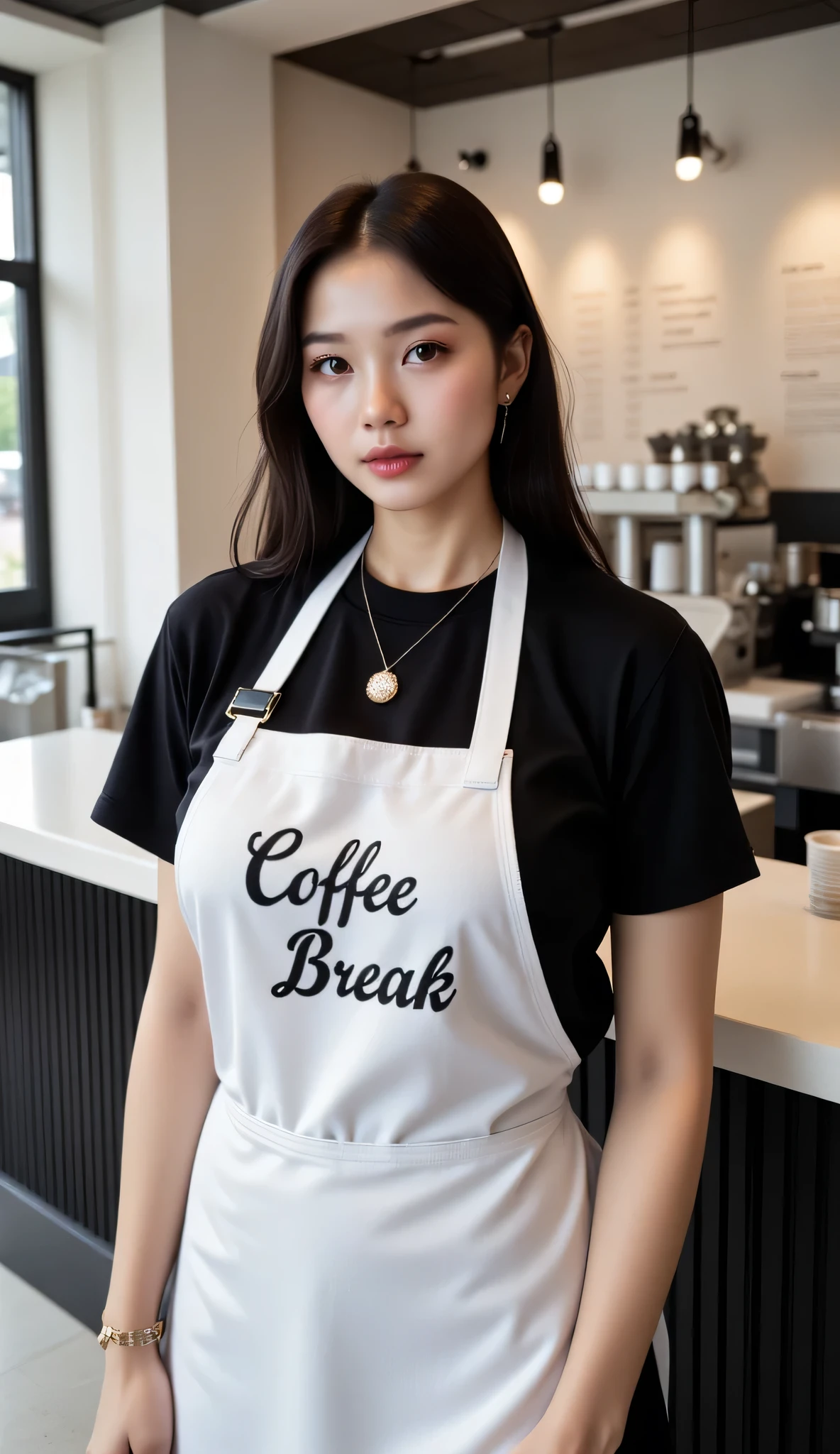((realism, photorealistic, life-like photograph, portrait)), beautiful 18year Asian girl athletic supermodel, long dark hair, wind, windy, huge soft shiny brown eyes, heavy makeup goth blackout eyeshadow, bright lipstick, realistic Korean Goth girl athlete, ((tight-fitting black t-shirt under a white apron, the apron has "Coffee Break" painted on in black letters, black pleated linen skirt)), her skin is dark tan, dark suntan, heavy gold chain necklace with sparkling gem pendent, her back is arched to make her oversized breasts more prominent, she's working as a cashier in a modern spacious coffee restaurant, she's standing behind the counter to take our order, the photo is taken from a higher viewpoint as if the customer is much taller than the girl behind the counter
