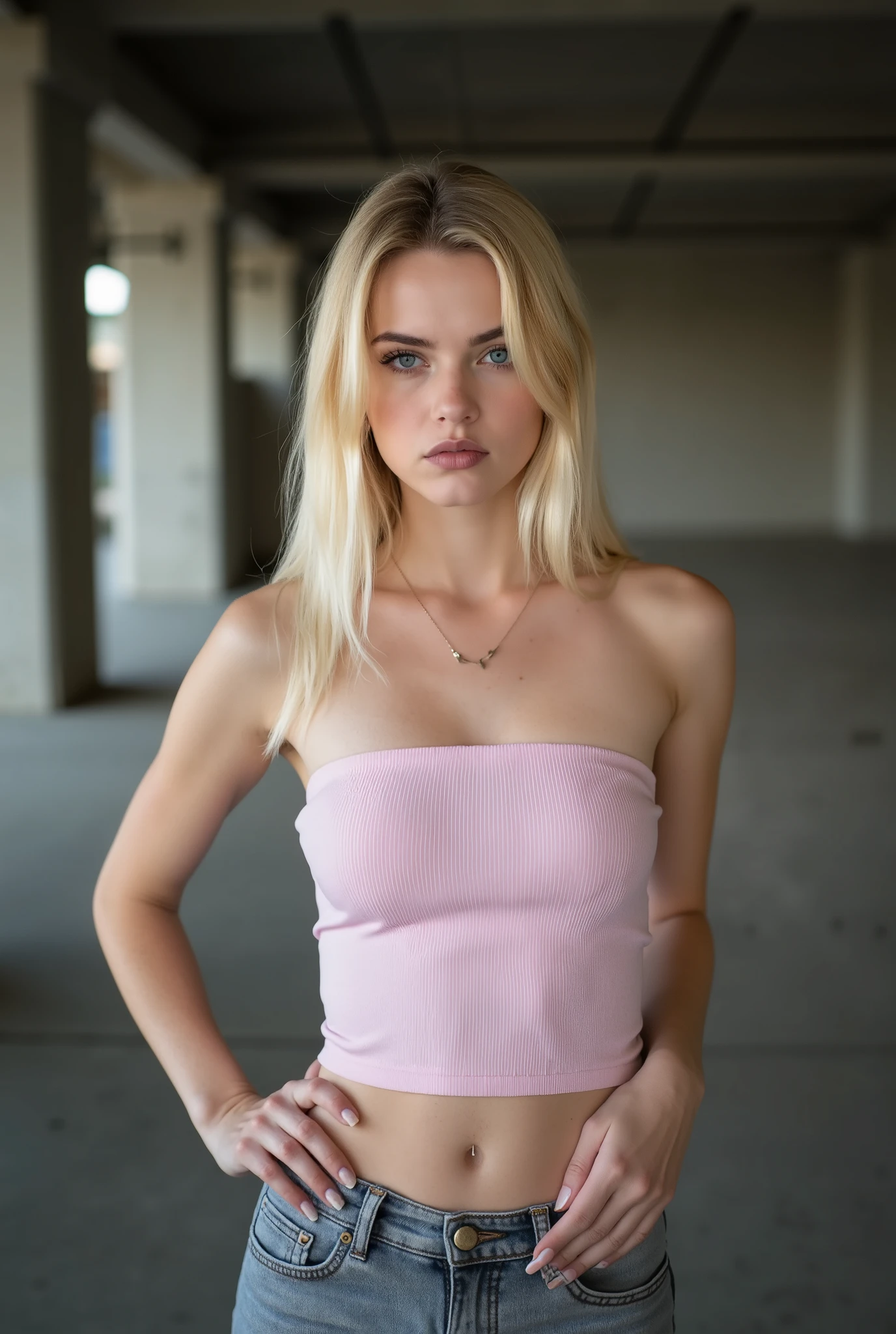 stunn1ng, photorealistic, full body shot, candid photography style, white european caucasian, 1girl, young adult, youthful, narrow waist, perky breasts, flat stomach, alluring youthful face, soft cute features with subtle sharpness in cheekbones, vivid icy blue contact lenses with an intense frosty glare, dyed blonde hair with visible natural brown roots, middle-parted hair, extremely straight hair like an arrow, long hair past shoulders, ((mouth closed at all times)), piercing cold stare filled with judgment and unspoken command, subtly furrowed brows, faint downturn at the corners of her lips, dissatisfied and condescending expression as if expecting instant obedience, projecting absolute confidence and dominance, aura of authority that demands compliance to something outrageous, body language relaxed yet unmistakably in control, one hand firmly on hip, other arm loose but poised as if ready to gesture a command, long manicured fingernails with classic french tips, wearing a light pink bandeau top, exceptionally high-waisted grey skinny jeans, jeans slightly flared at the hem, outfit clings naturally to body, photorealistic fabric texture, standing in a barren empty garage, raw concrete walls and floor, muted industrial tones, ambient neutral daylight, cinematic soft shadows, cool-toned lighting, icy aesthetic, ultra-detailed, 8k, editorial realism, fashion photography tone, emotional distance, subtle tension, commanding presence