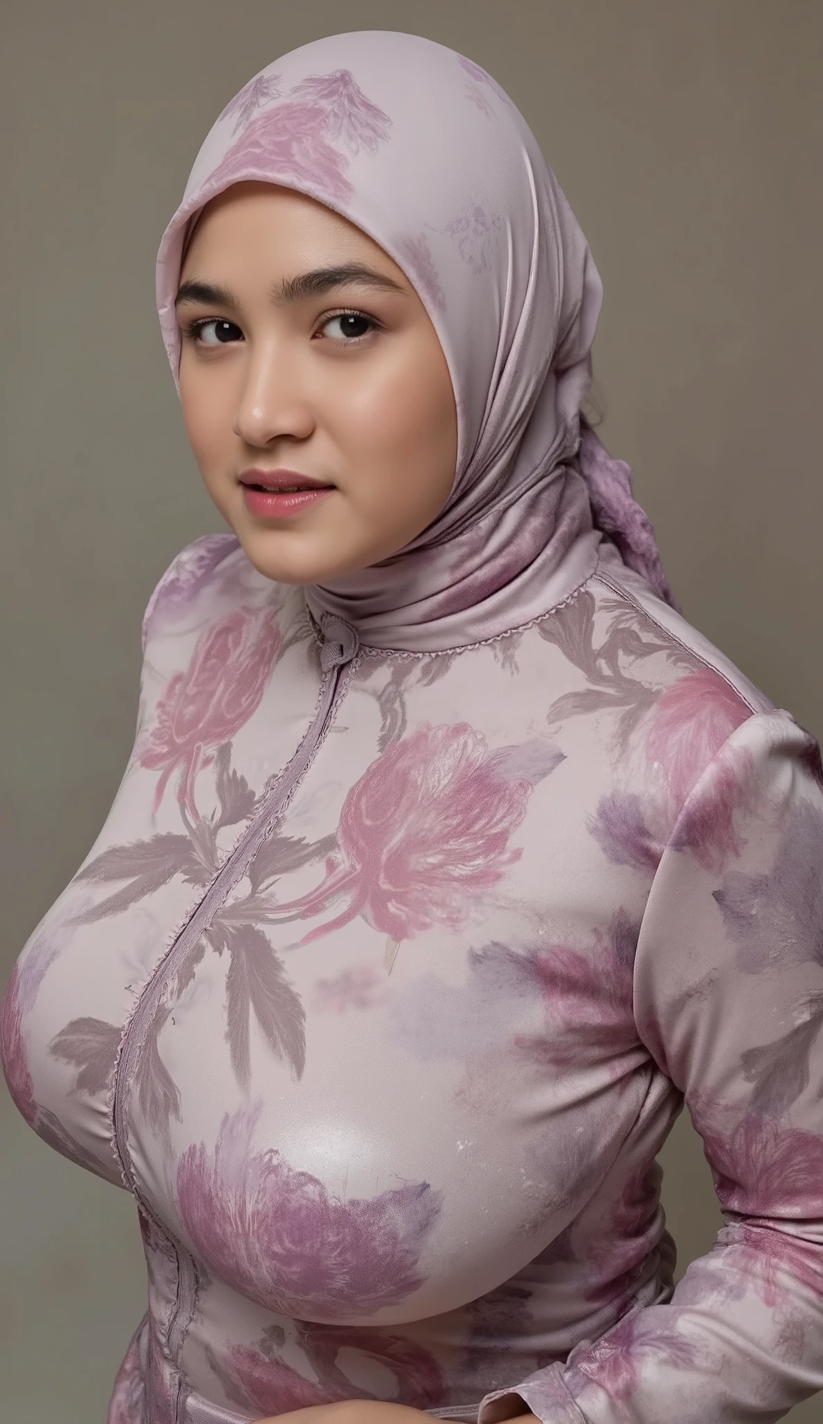 A girl with crafted bold flower patterned large simple instant bergo satin hijab. She is looking at the viewer with bright and loving eyes. She is leaning forwardal. Close-up of body, very detailed. She is wearing a perfect wet soft sweater. Hasselblad H6D-400c MS, low exposure, big , , big arms, high contrast, ISO 100, with a 120mm macro lens. bulky belly, bulky , milky , larger than head, , wrinkled , veiny , lactating, montgomery glands, bright skin, gigantic , fat super , huge triplet , massive , massive gigantomastia, macromastia, inverted , exaggerated gigantic , dark , visible, jiggling , plump lips, ultra detailed , saggy , standing model pose 3/4 body, moles, mega cleavage, navel exposed alabaster skin, face, face, ( Close Up),RAW, Best quality, high resolution, works: 1.3). All body covered with satin hijab.
