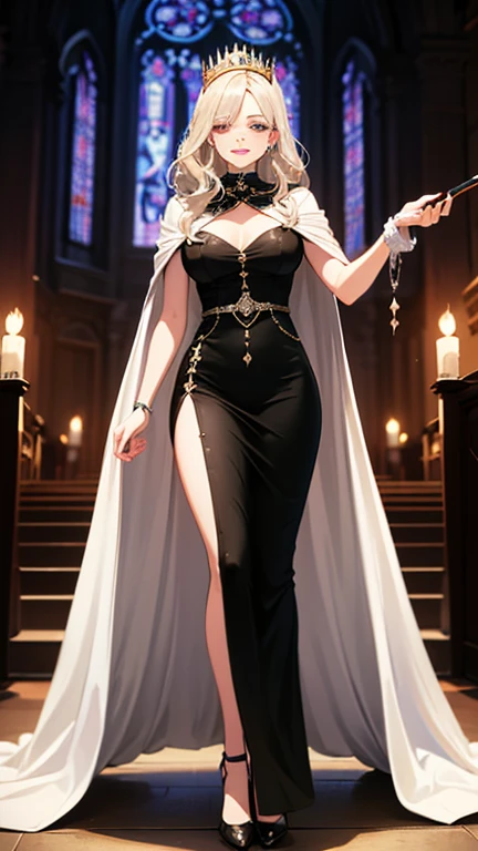 european woman, with medium length bright blonde hair and pale skin, wearing sleek pearlescent black dresses, as a heroine with light blue cape, intricate, elegant, highly detailed, digital painting, artstation, concept art, smooth, sharp focus, illustration, art by Krenz Cushart and Artem Demura and alphonse mucha