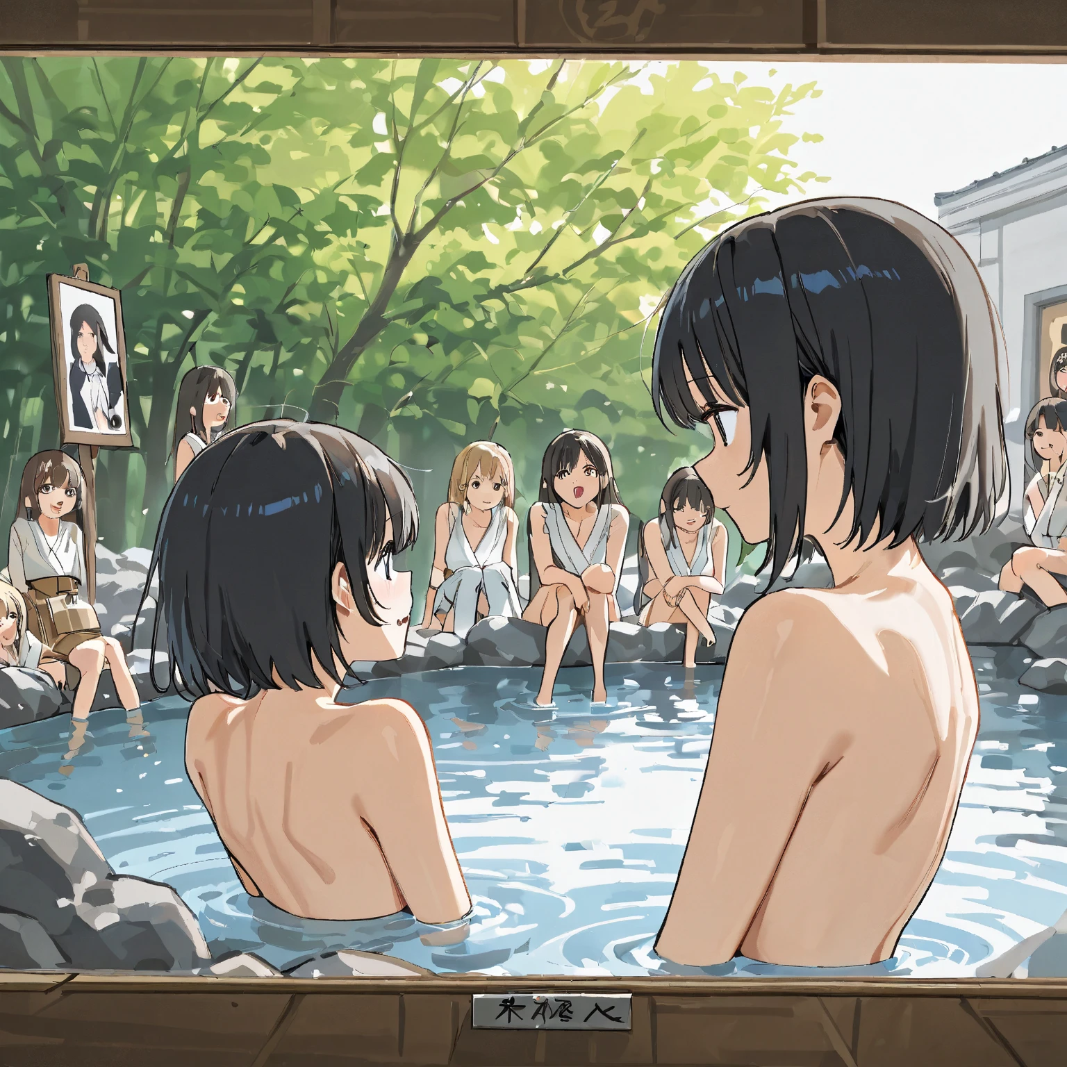 (masterpiece), best quality, (16k), expressive eyes, perfect face, lady, 3 girls, large breast, navel, (((topless))), (((wet navy blue solid pencil mini skirt))), bare arms, bare legs, shiny skin, wet body, outdoors, in the waterfalls, wading, brown hair, wet hair, Lower ponytail, closed eyes, :), standing, (cowboy shot), ((from behind)),