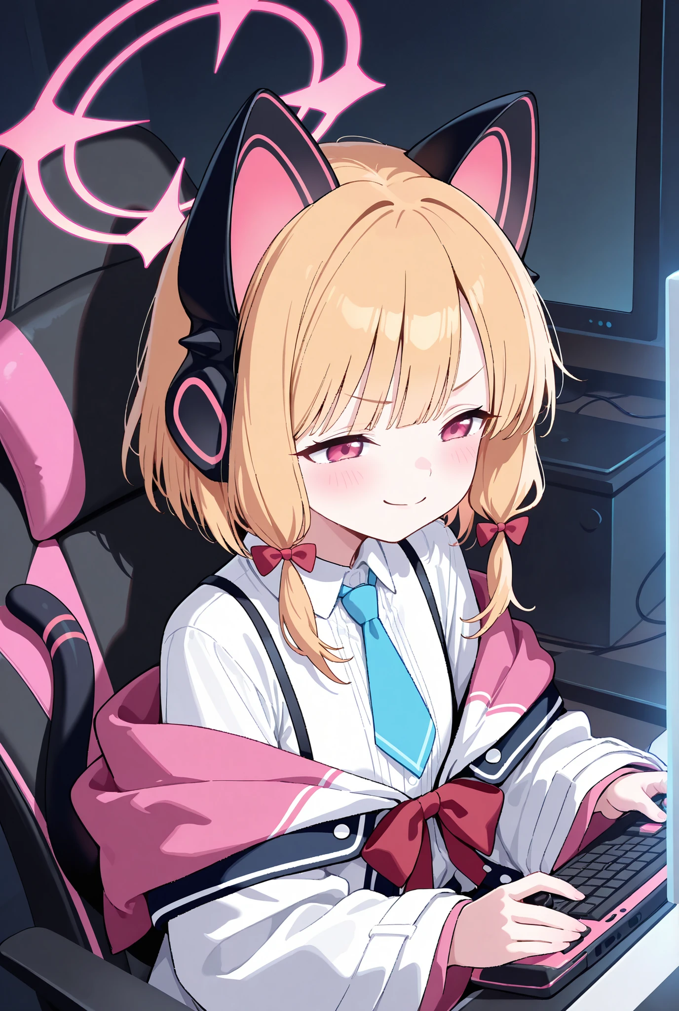 masterpiece, best quality, absurdres, very aesthetic, general,
1girl,momoi \(blue archive\),blue archive,animal ear headphones,cat tail,cat ear headphones,pink eyes,red eyes,blonde hair,short hair,hair bow,white shirt,collared shirt,halo,pink halo,long sleeves,red bow,blue necktie,smile,sitting,blush,gaming chair,computer,playing games,closed mouth,narrowed eyes,
masterpiece,best quality,very aesthetic,absurdres,year 2023,