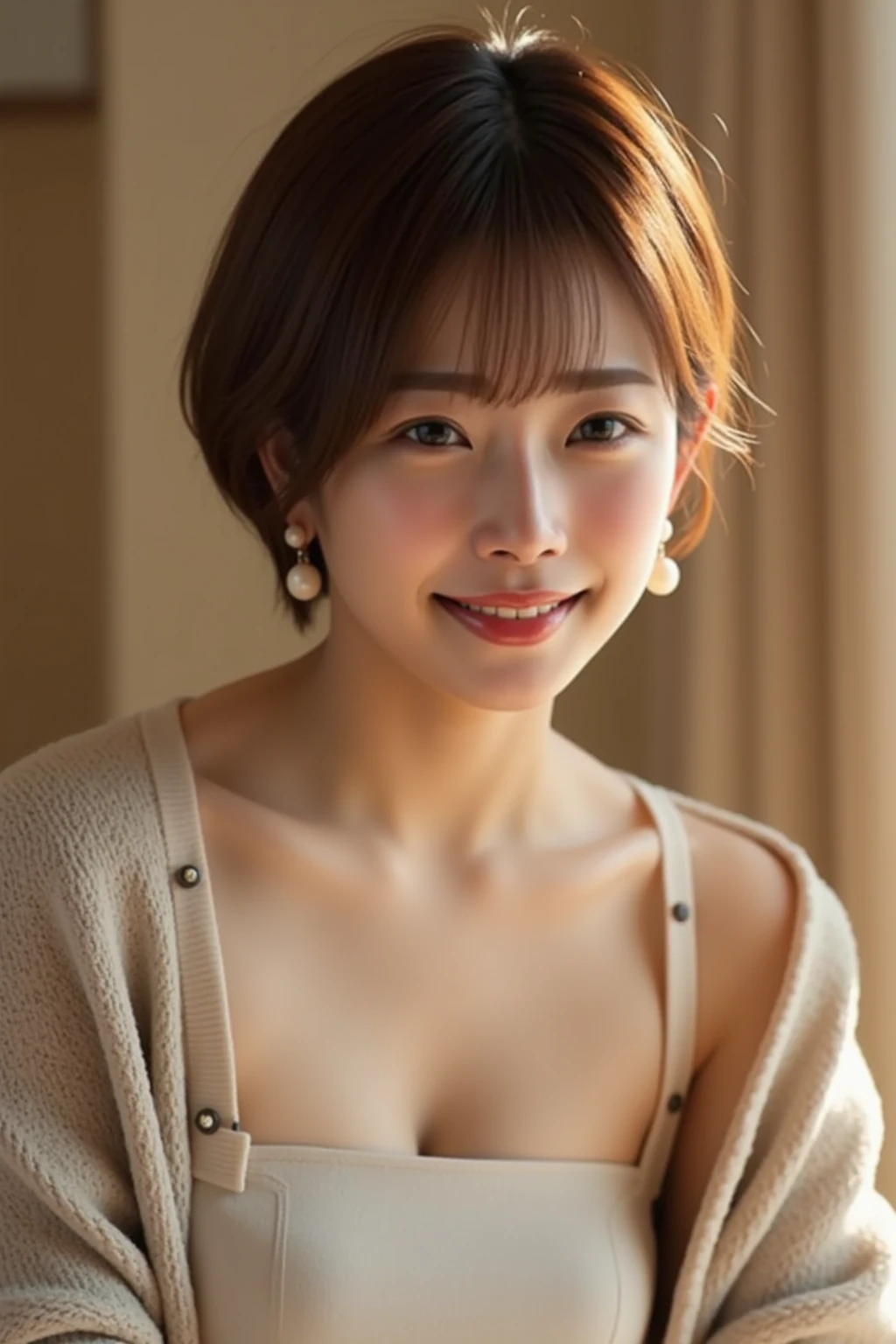Chic Lingerie、Tabletop, highest quality, Very detailedな, cute, cute, Lovely, sexy, device, Very detailed, 4K, 8k, highest quality, beautiful, Genuineistic, Genuine, Looking up from below, office, evening, , , alone,  Face and big , suit, Office Lady, secretary, (Bottomless), beautiful light brown hair, beautiful eyes, short hair, Earrings, Light Smile, blush, Lens flare, Cowboy Shot