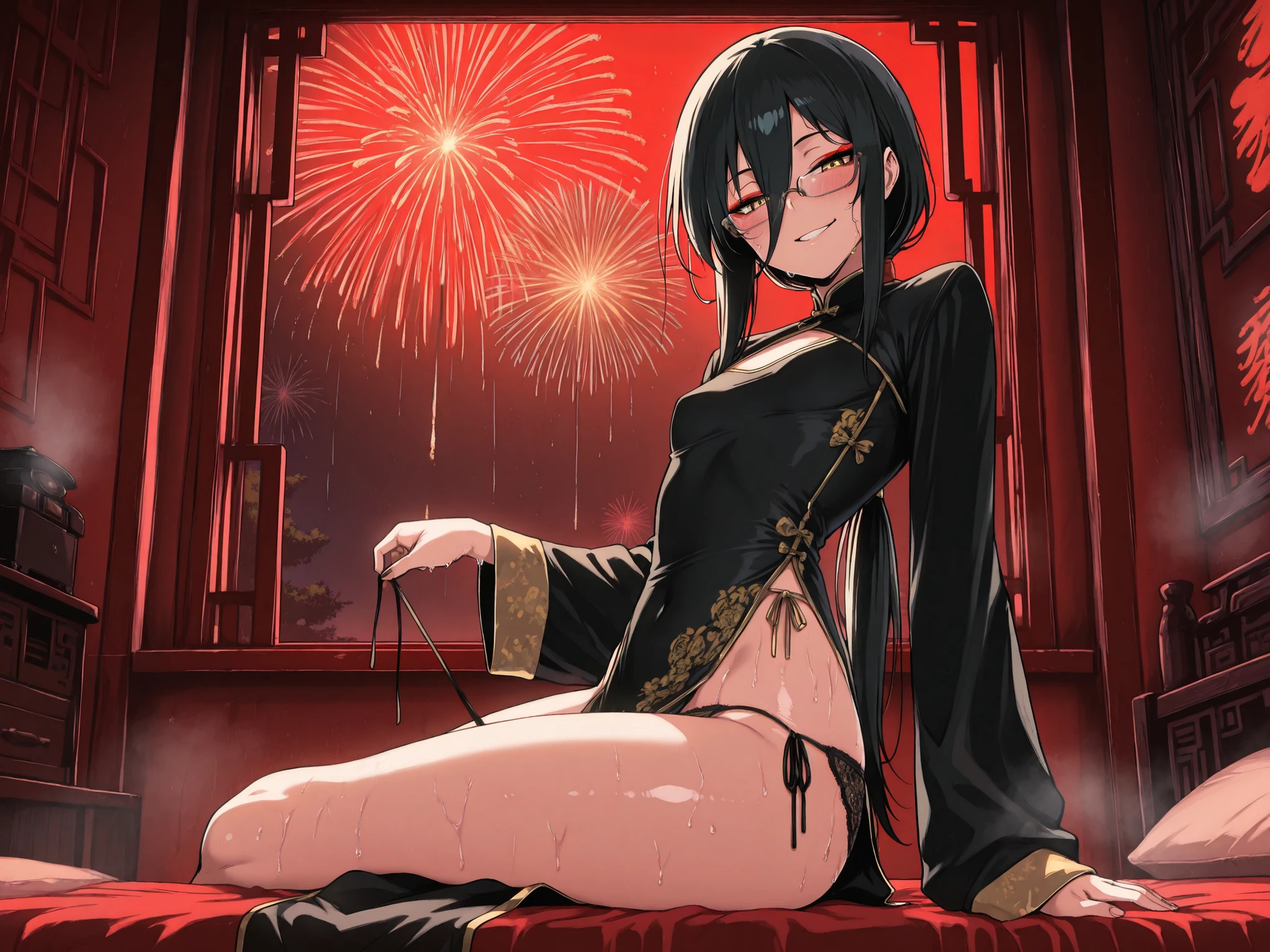 masterpiece, best quality, amazing quality, very aesthetic, foreshortening, 1 girl, mesugaki, taoist, wearing black and gold cheongsam, black and gold shoes, very long sleeves, have black hair, long bangs, low ponytail, extremely long ponytail, narrowed eyes, yellow eyes, glasses, red eyeshadow in corner of eyes, smiling, skinny, small breast, blushed, sweaty, exausted,
BREAK, sitting on bed, view from back, looking at viewer, fireworks, leaning to window frame, side-tie panties, untying side-tie panties, untied side-tie panties, lace panties,
BREAK, chinese style room, red lighting, night, steam, NSFW, cyberpunk.
