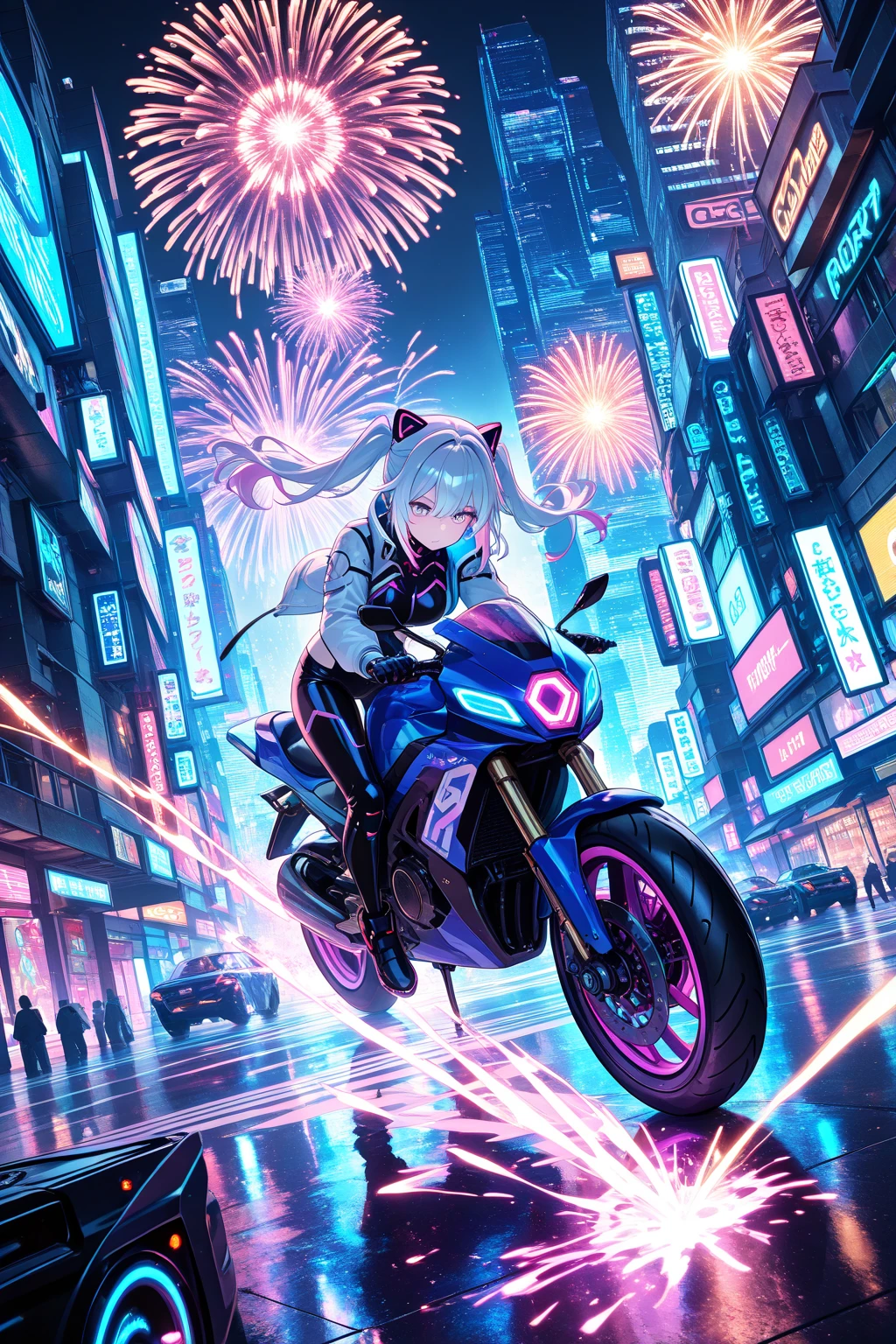 A girl riding a large blue sports bike、Patent leather riding suit、circuit、pit、blue blow hair、Asian、Futuristic City、Night view、Mirror-like floor、, Spectacular Pyrotechnics, Star mine with a large number of fireworks, Shots from a distance, Backward view, Night view, A shy smile, Bokeh effect and depth of field, High Key Light