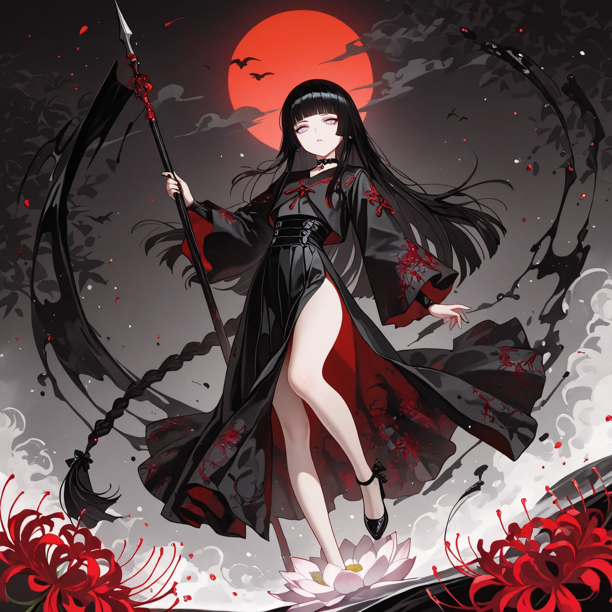 1girl, light lavender eyes, jitome, black Hair, blunt bangs, hime cut, small chest, black clothes, goth, high waist, long Side slit skirt, Choker, bare legs, black nails, flower pattern, masterpiece, best quality, Perfect details, perfect composition, Perfect face, Perfect hand, absurdres, newest, very aesthetic, amazing quality, highres, film grain, Focus on the character, Cinematic, dramatic, Magnificent, cute expression, doremi, hwansang, mx2j, blood decoration, killer, noir theme, Substantiated blood wind effects are wrapped around, vampire motif,  liquid ink floats around, Long braided knot decoration, white lotus, Flowing liquid ink, red energy, grand master, black birds, shadow fog raven, black fog summon, oriental ink painting, ukiyo-e, light effect, Liberation, transcendence, splash art, Plant ability, flower, black leaf, black vine, white grass, long Flagpole, conductor, cover art, Red Spider Lily, dynamic view, dynamic pose, overwhelming, dominant, Summon the black monster, Night Walk of a Hundred Ghosts